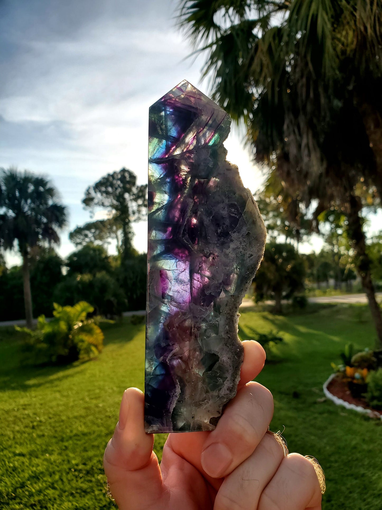 1 LB Rainbow Fluorite Slab Tower With Feather Inclusions & Druzy Live Edge Natural Stone