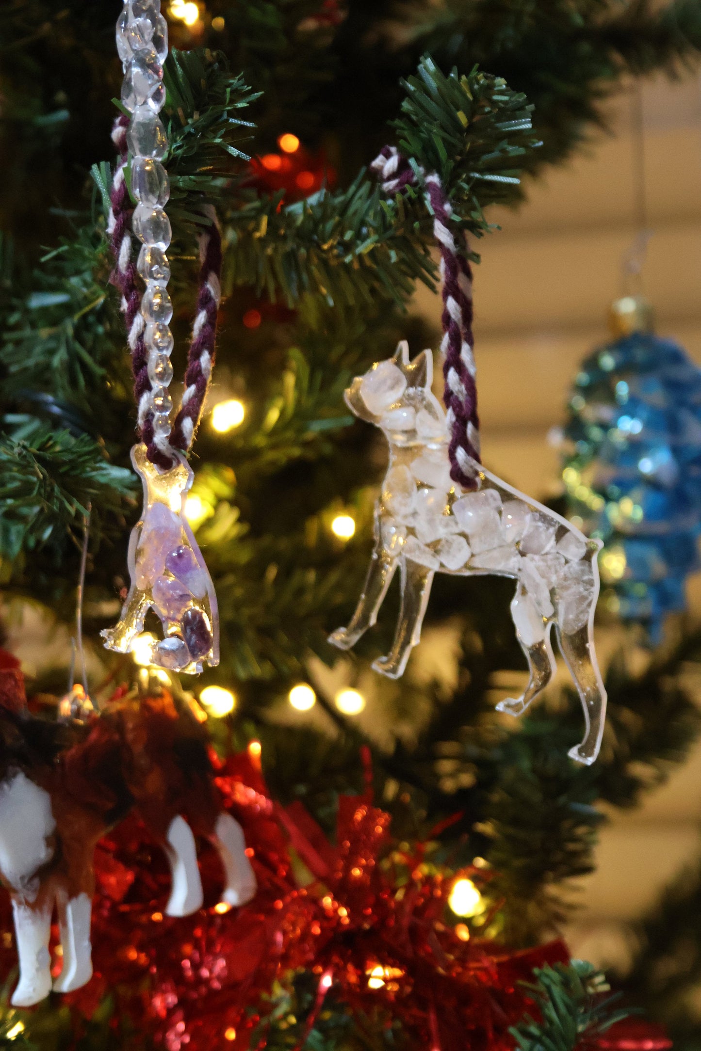 Boxer Dog Epoxy Resin Ornament with Natural Gemstones