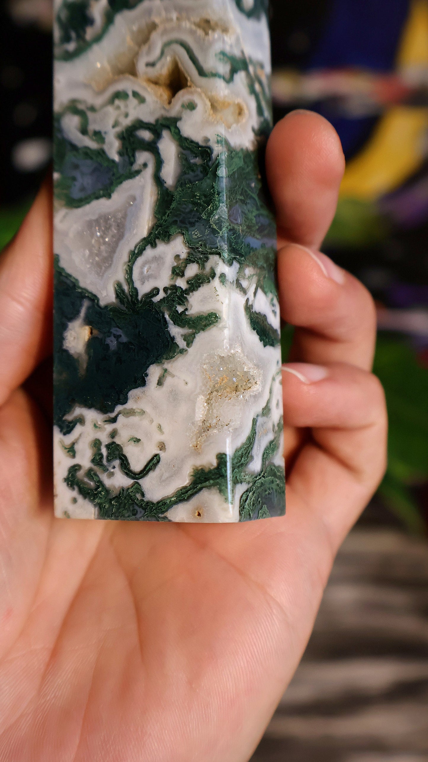 Moss Agate Druzy Crystal Tower 9.5 oz Natural Stone