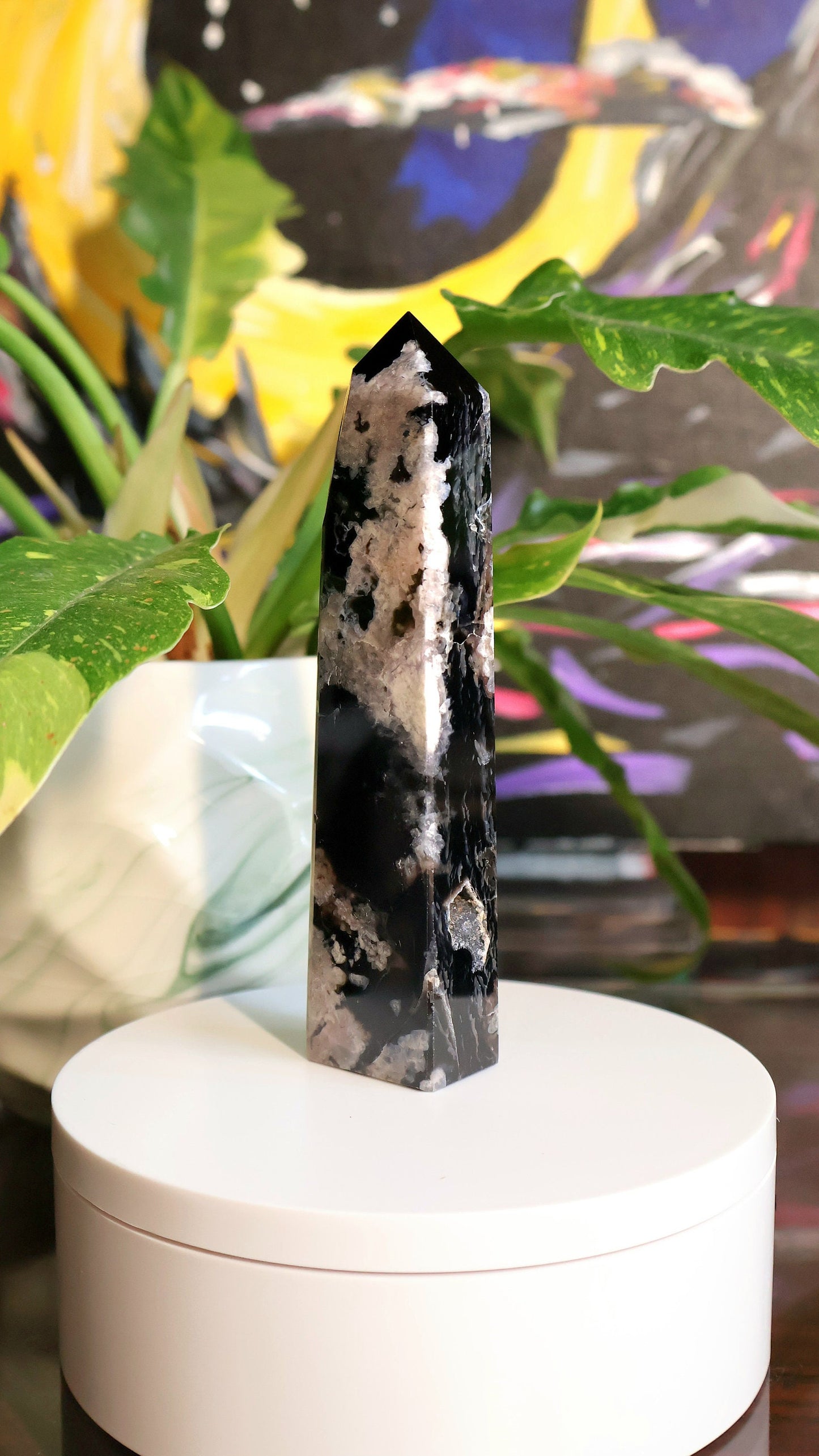 Black Flower Agate Tower 5.1 oz Natural Stone