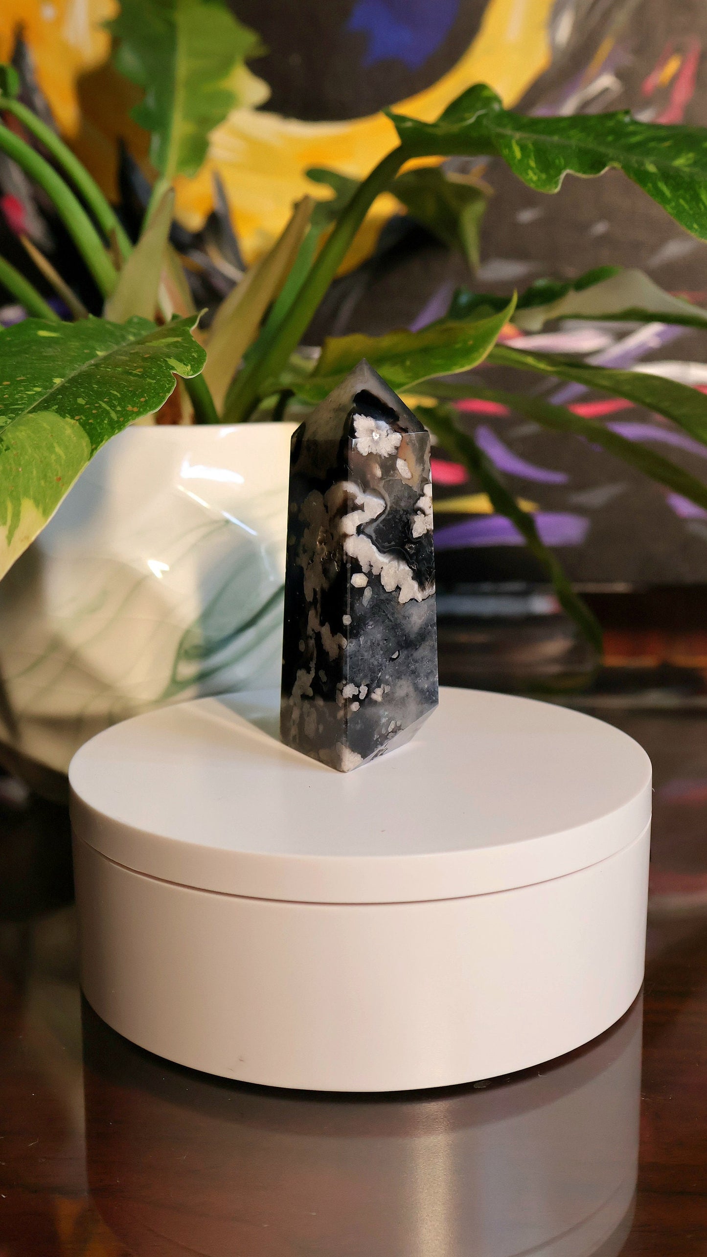 Black Flower Agate Tower 3.5 oz Natural Stone