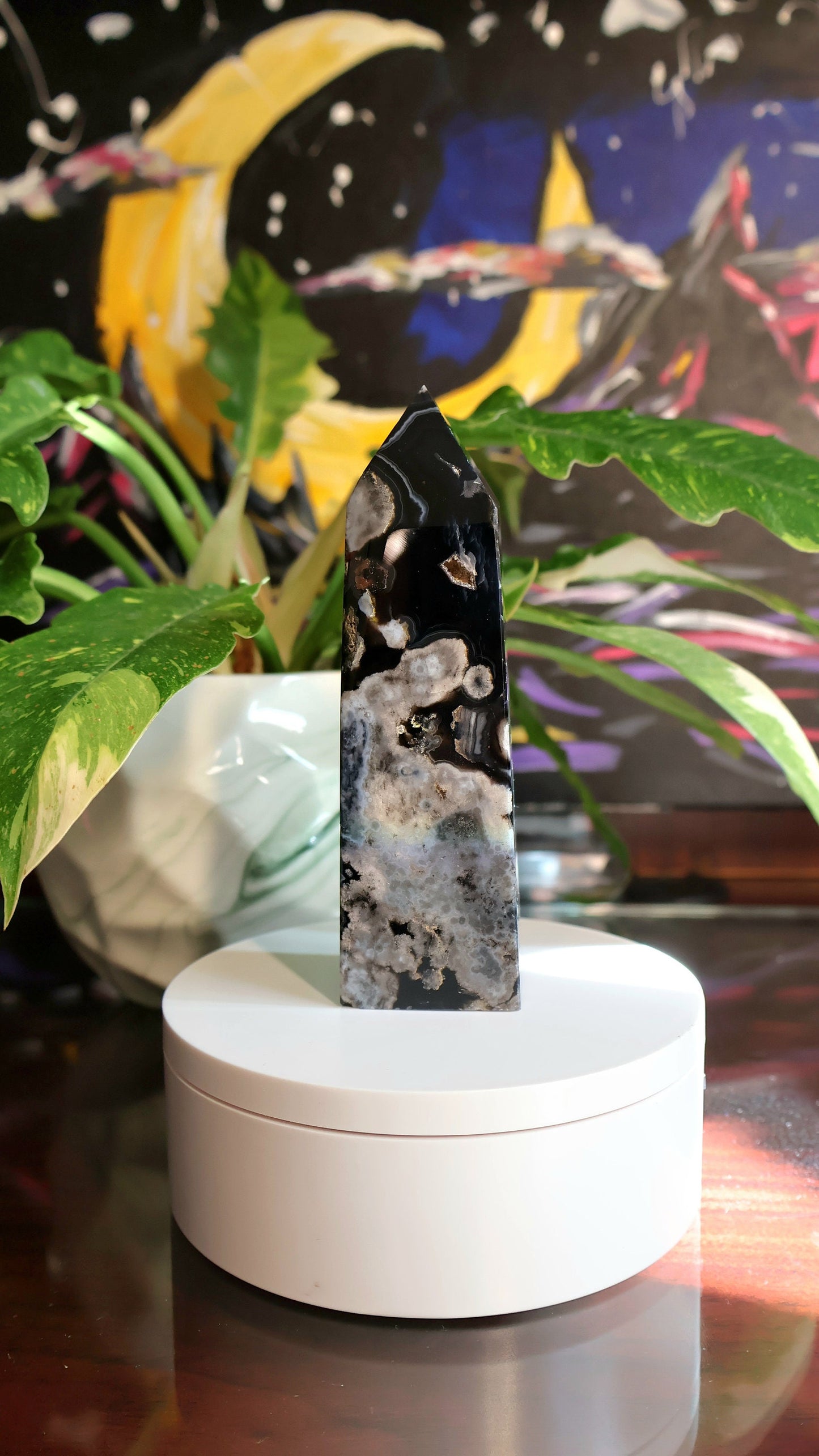Black Flower Agate Tower with Druzy 11.7 oz Natural Stone