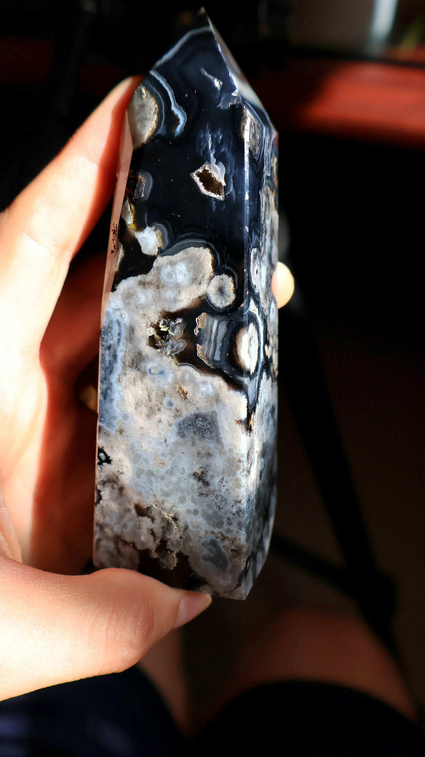 Black Flower Agate Tower with Druzy 11.7 oz Natural Stone