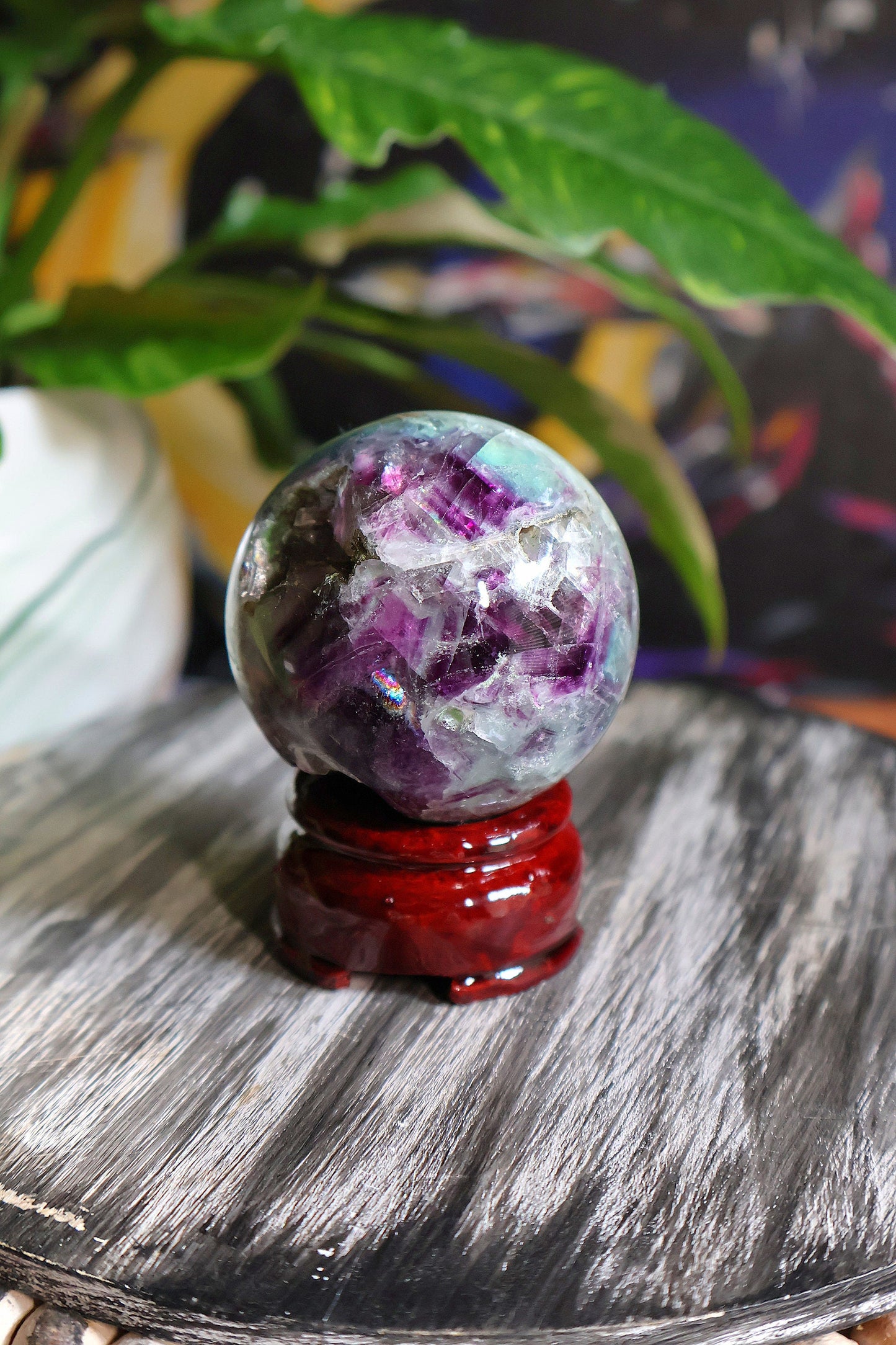 Gorgeous Feather Rainbow Fluorite Sphere 9 oz Natural Stone