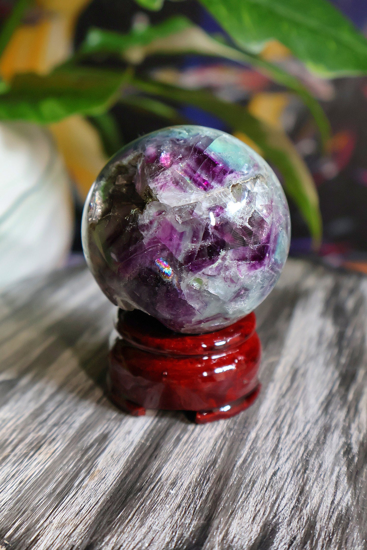 Gorgeous Feather Rainbow Fluorite Sphere 9 oz Natural Stone