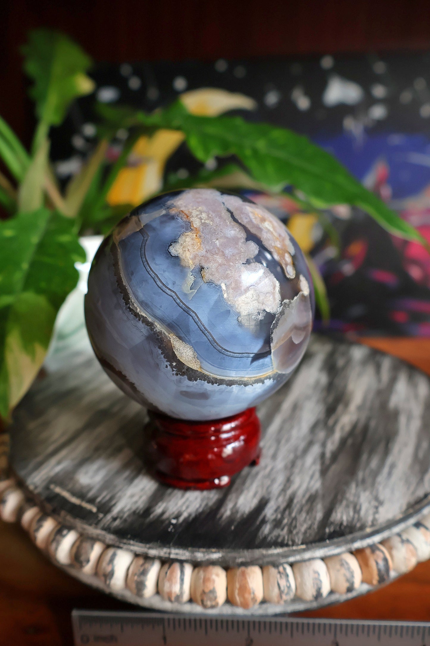 Black Flower Agate Crystal Sphere 19.5 oz Natural Stone