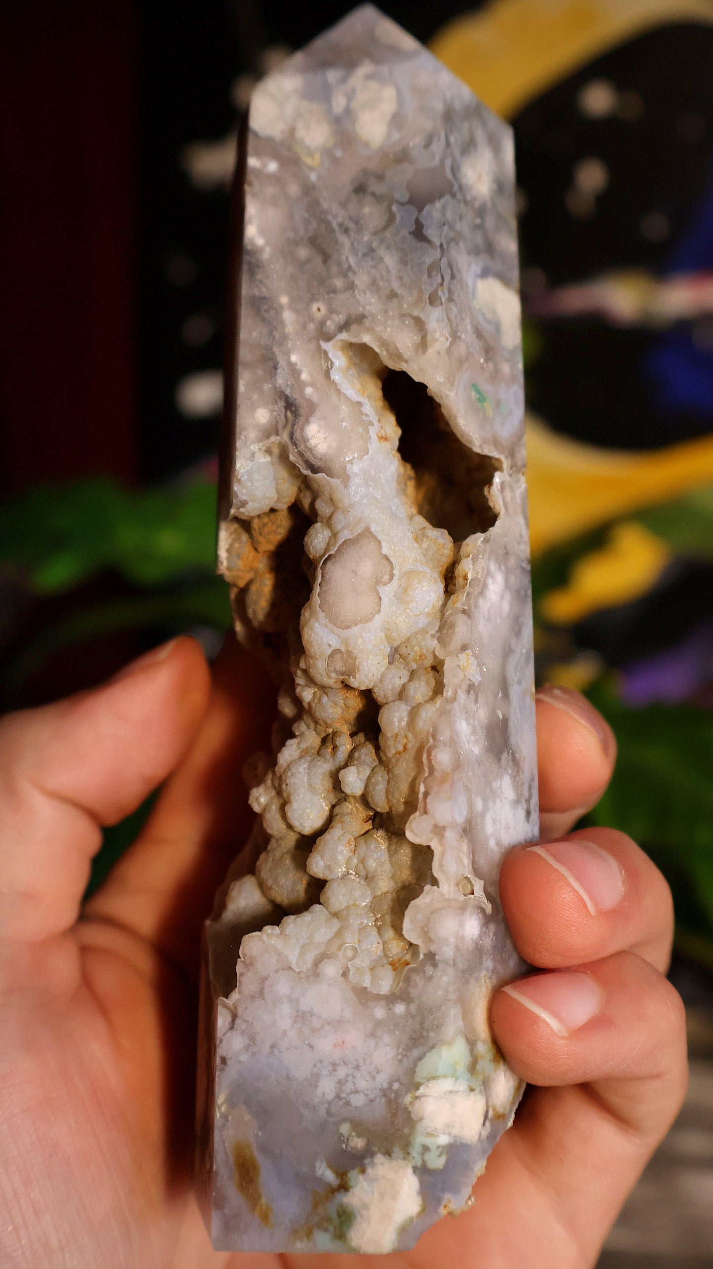 Black and Green Flower Agate tower with crystal caves 12.7 oz Natural Stone