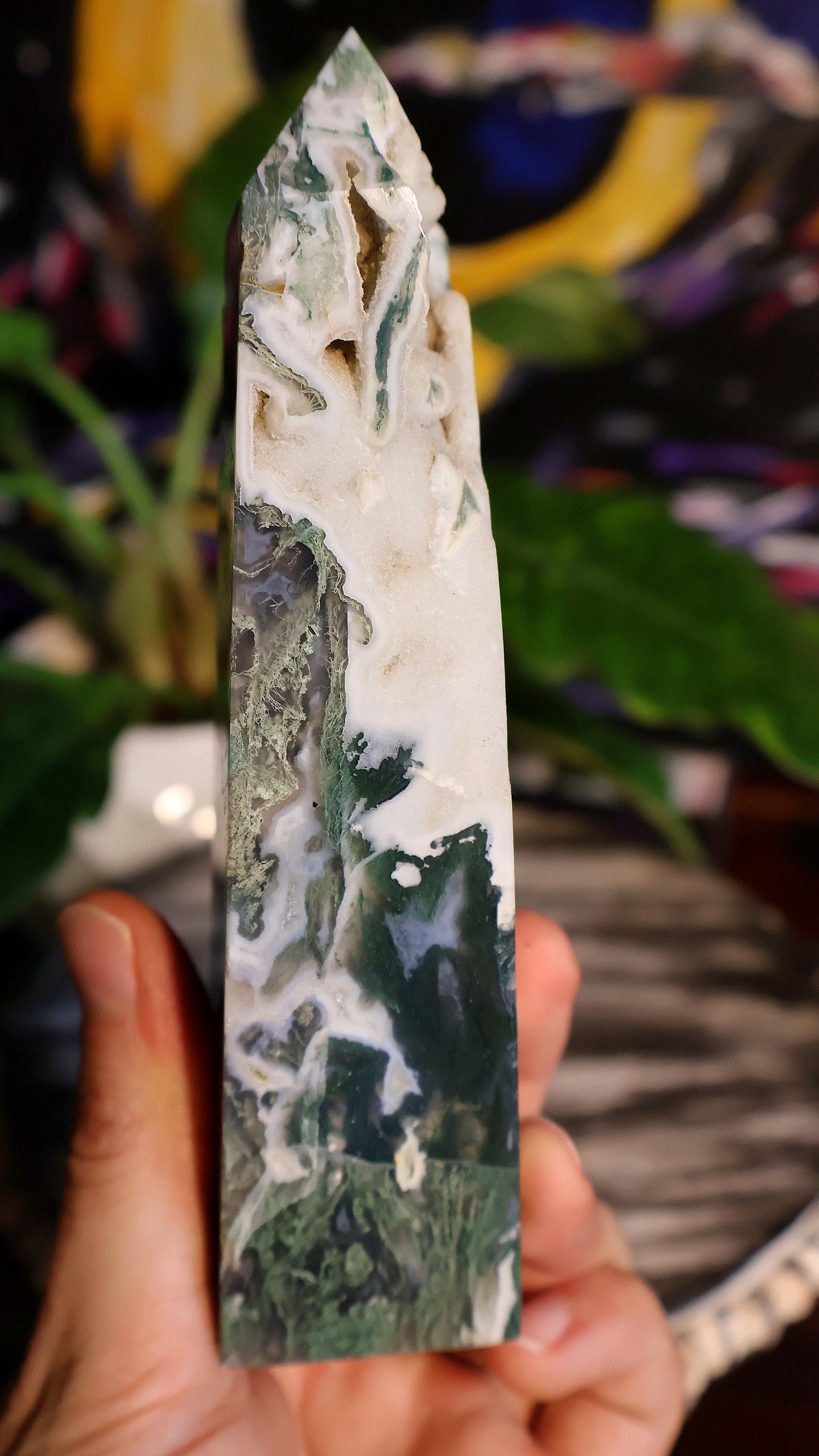 Moss Agate Druzy Crystal Tower 14.6 oz Natural Stone