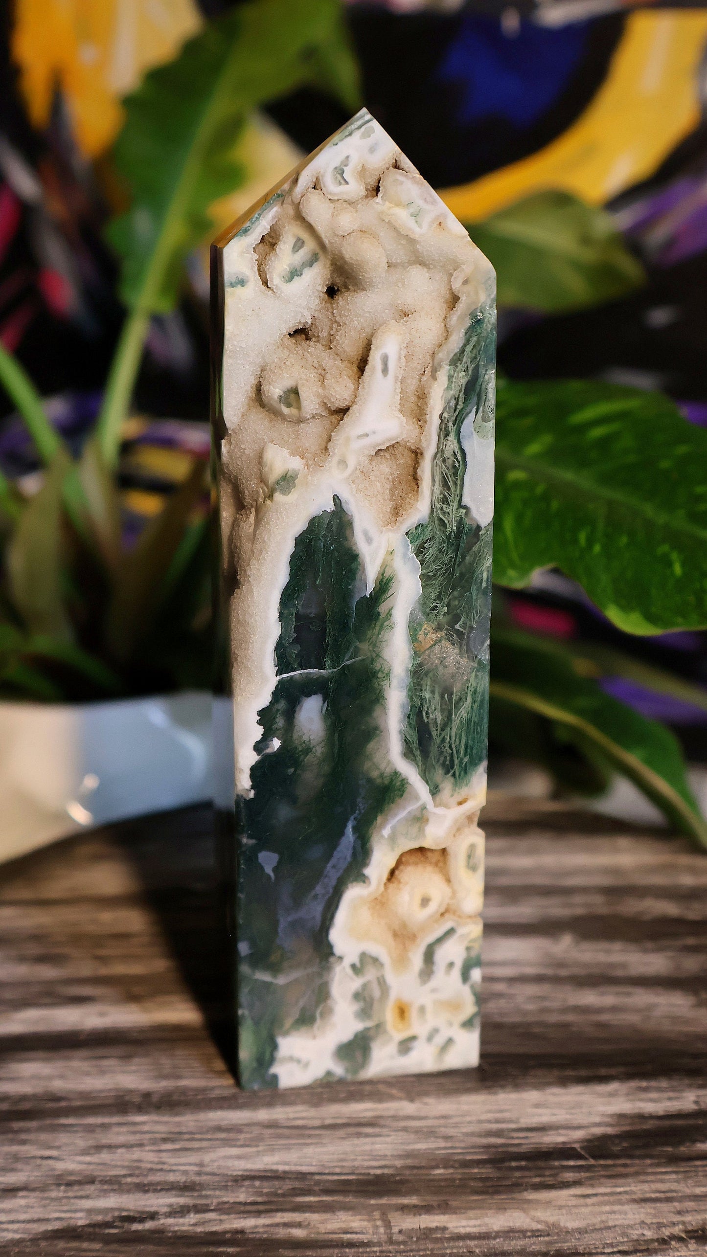Moss Agate Druzy Crystal Tower 14.6 oz Natural Stone