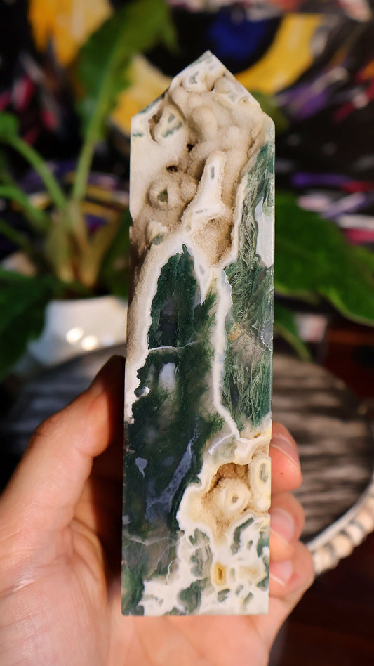 Moss Agate Druzy Crystal Tower 14.6 oz Natural Stone