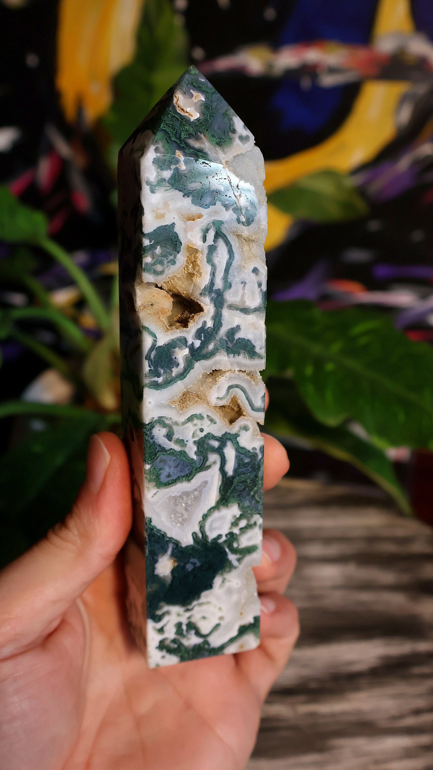 Moss Agate Druzy Crystal Tower 9.5 oz Natural Stone