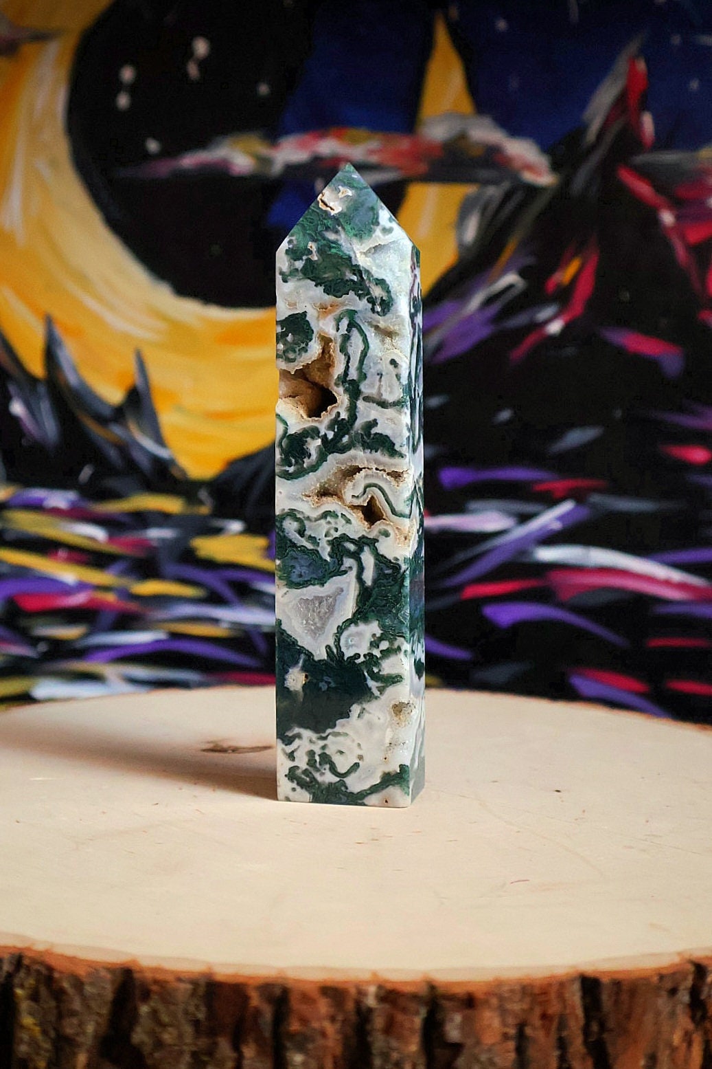 Moss Agate Druzy Crystal Tower 9.5 oz Natural Stone