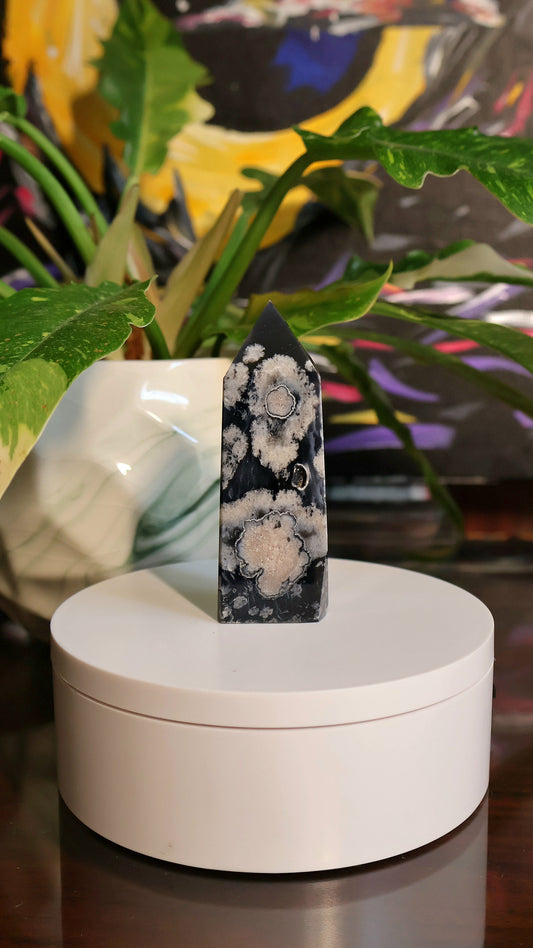 Black Flower Agate Tower 3.7 oz Natural Stone