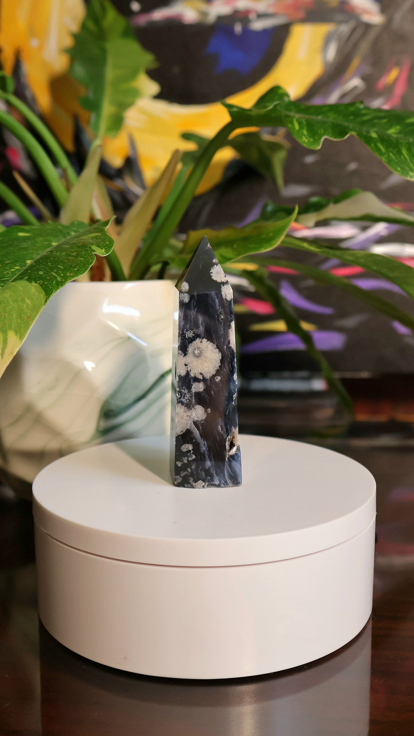 Black Flower Agate Tower 3.7 oz Natural Stone