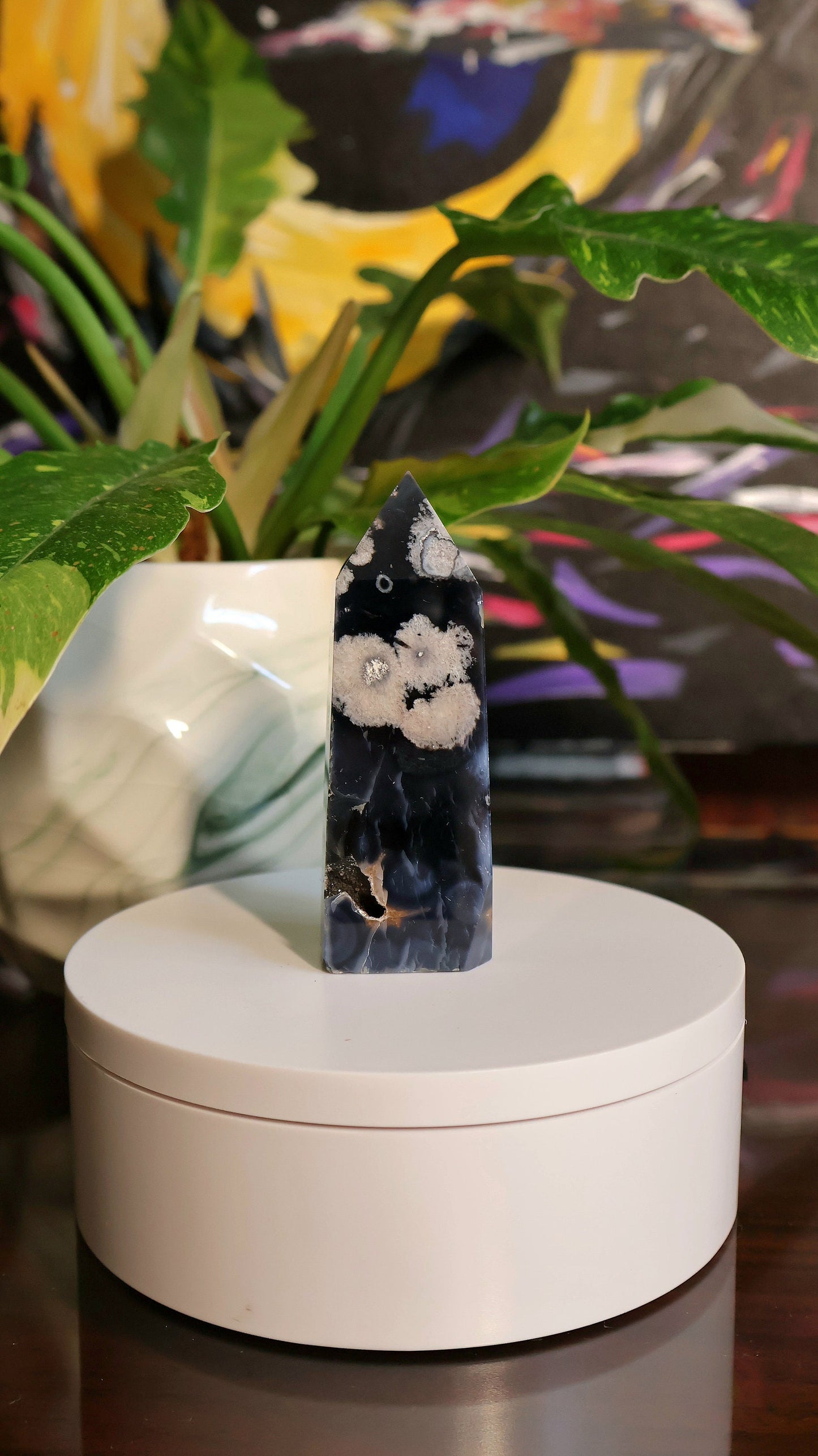 Black Flower Agate Tower 3.7 oz Natural Stone