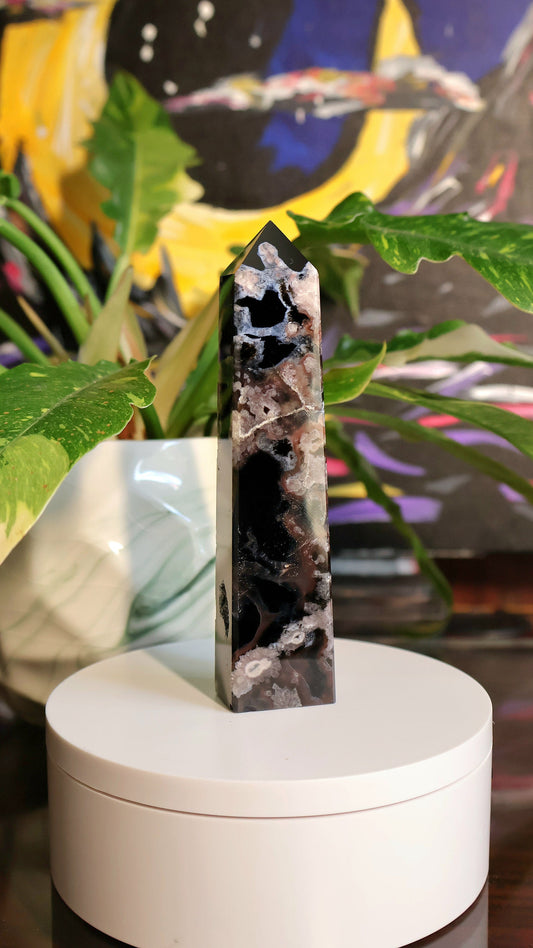 Black Flower Agate Tower 5.1 oz Natural Stone