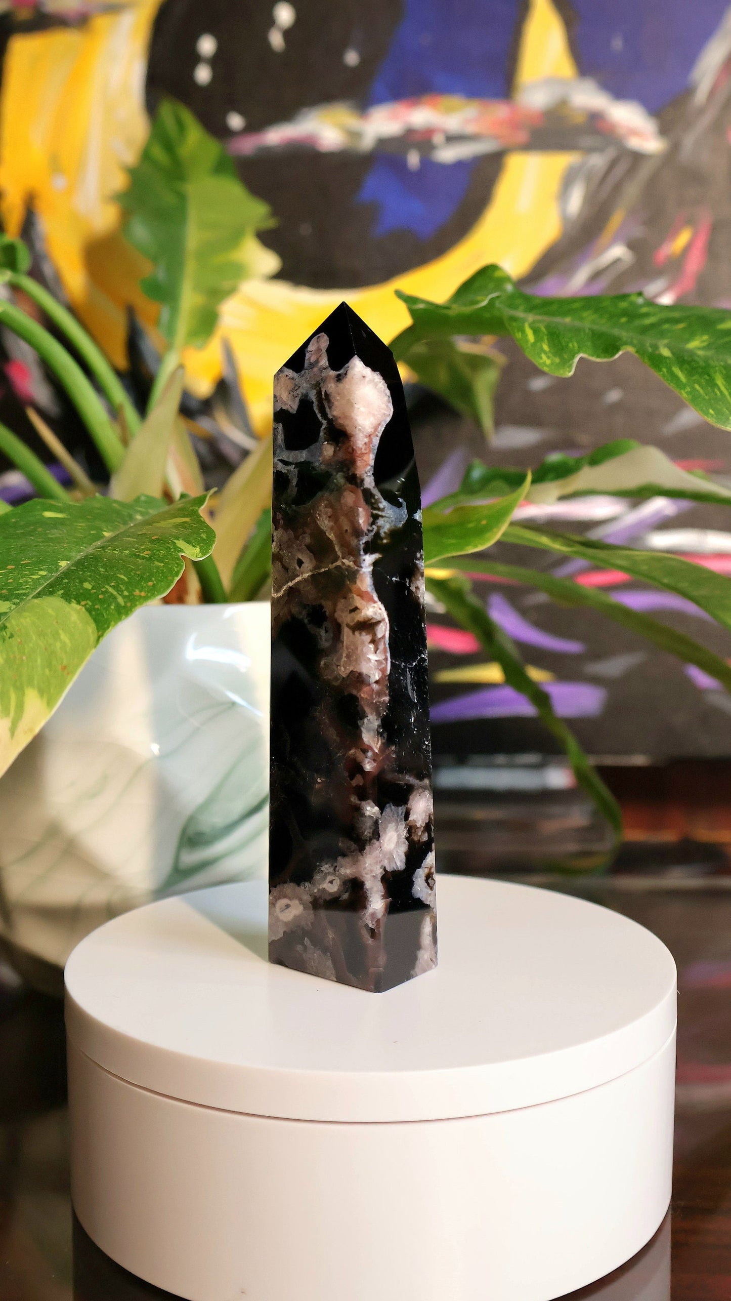 Black Flower Agate Tower 5.1 oz Natural Stone