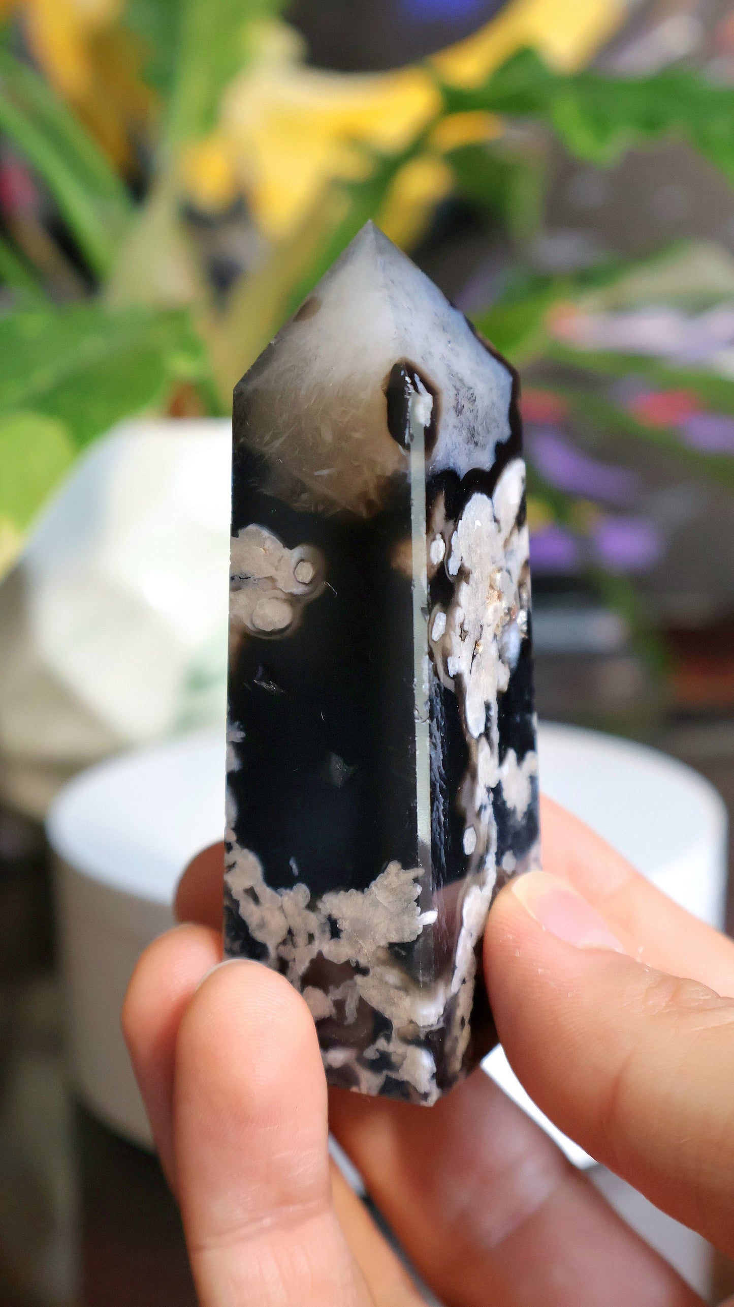 Black Flower Agate Tower 3.5 oz Natural Stone
