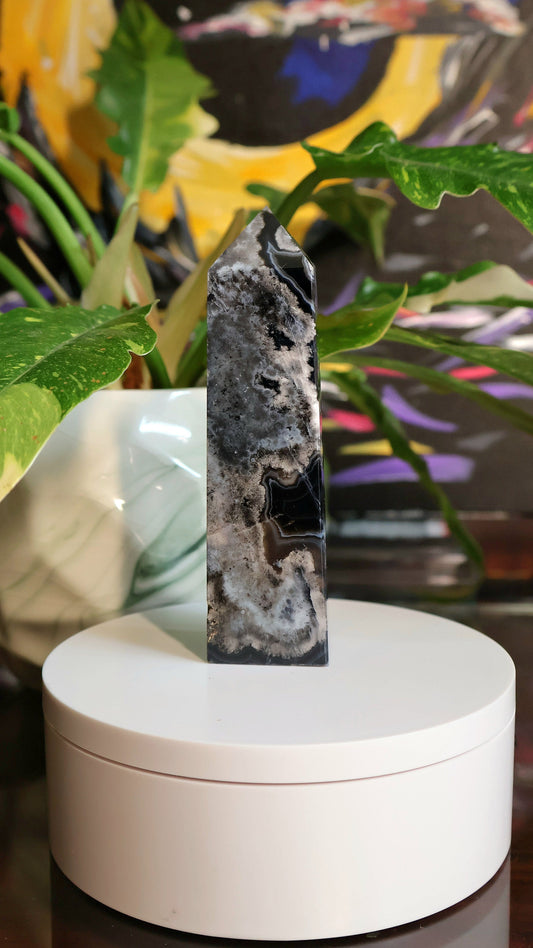 Black Flower Agate Tower 6.14 oz Natural Stone