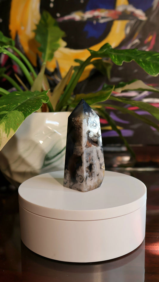 Black Flower Agate Tower 4.3 oz Natural Stone