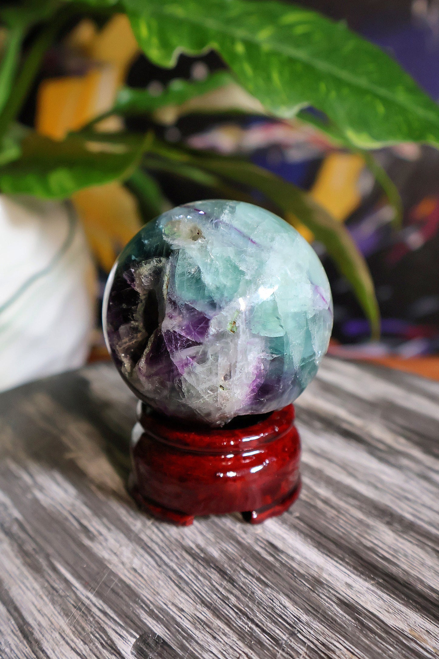 Gorgeous Feather Rainbow Fluorite Sphere 9 oz Natural Stone