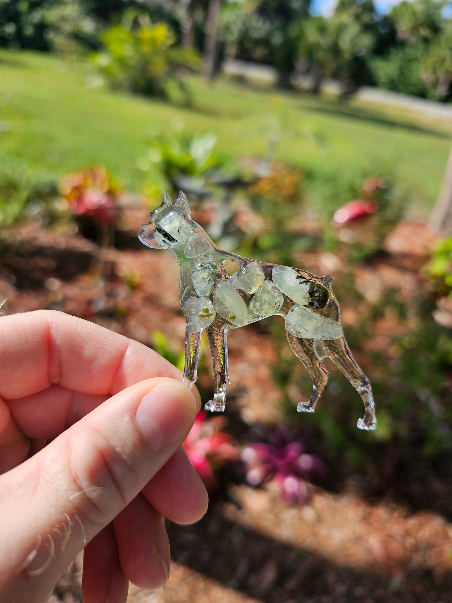 Boxer Dog Epoxy Resin Ornament with Natural Gemstones