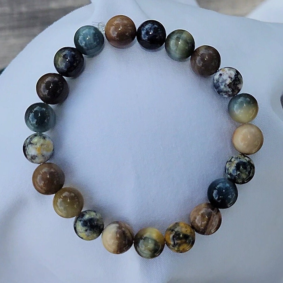 Ocean Jasper, Dream Tiger's Eye, and Petrified Opalized Wood -Roman Stones Natural Gemstone Bracelet 8mm