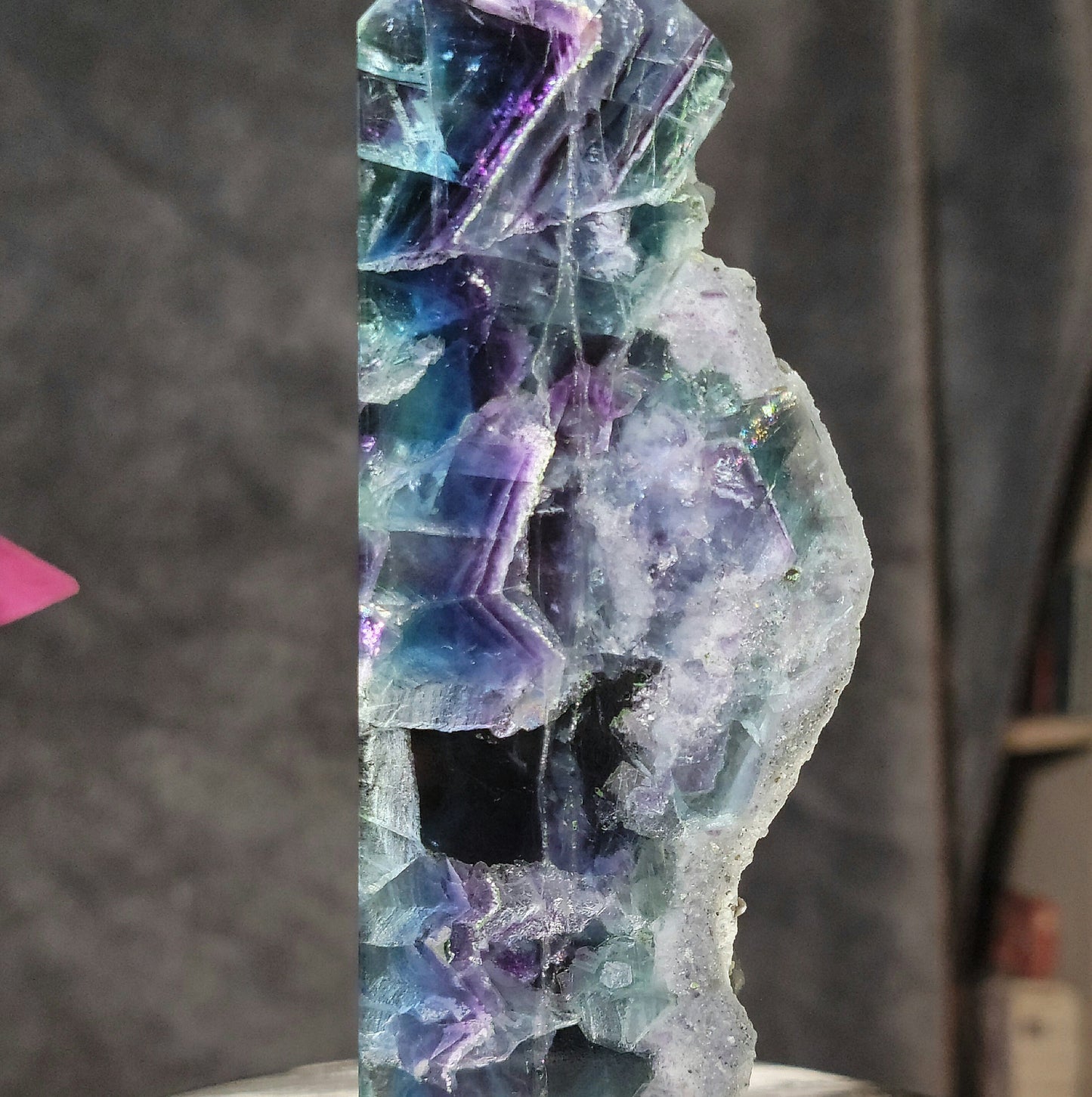 1 LB Rainbow Fluorite Slab Tower With Feather Inclusions & Druzy Live Edge Natural Stone