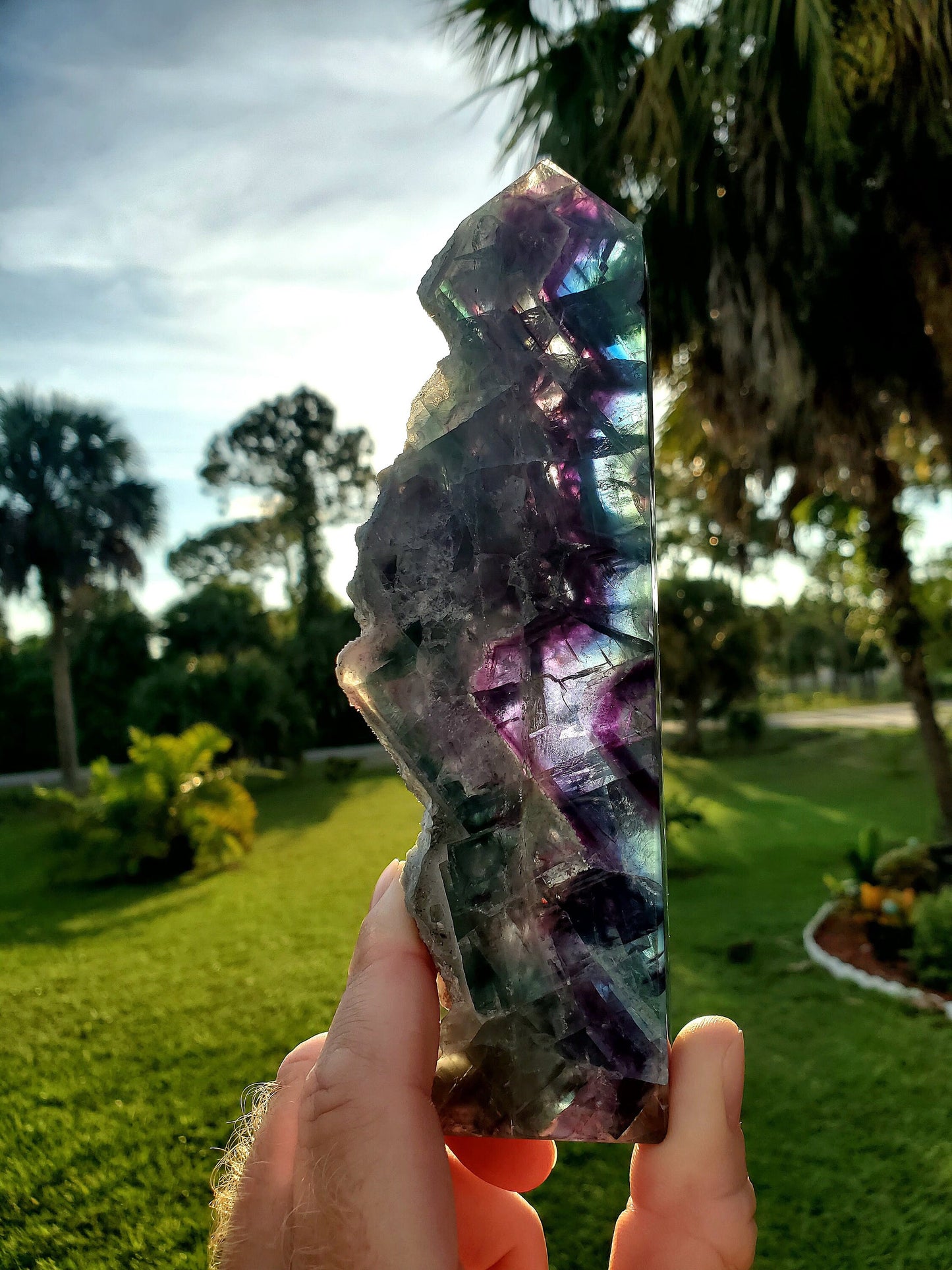 1 LB Rainbow Fluorite Slab Tower With Feather Inclusions & Druzy Live Edge Natural Stone