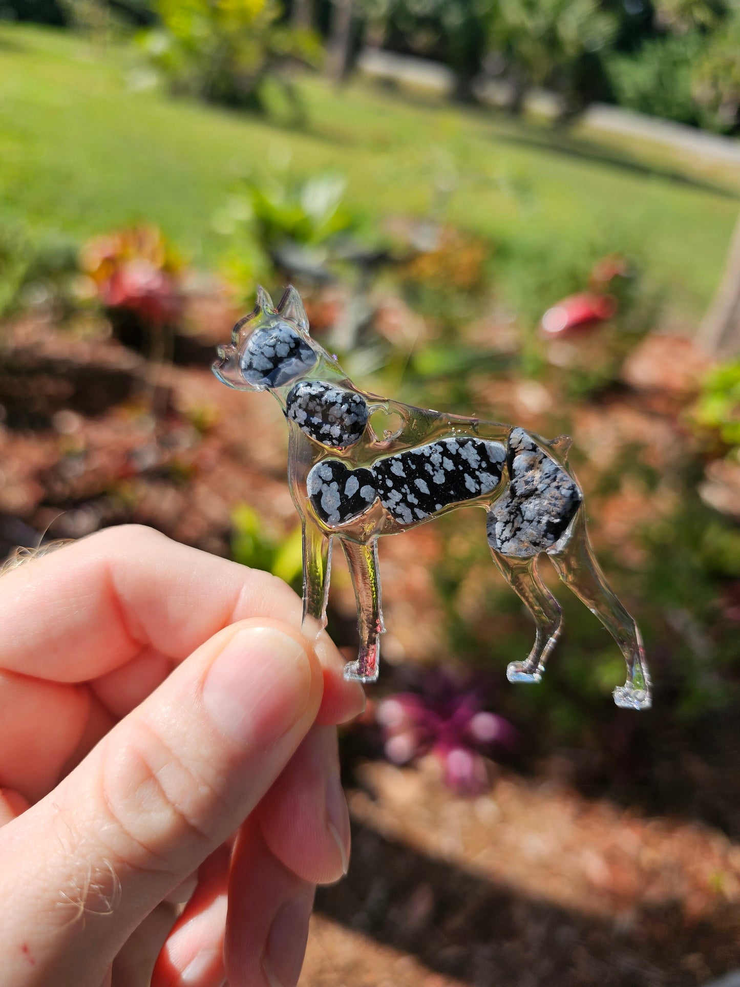 Boxer Dog Epoxy Resin Ornament with Natural Gemstones