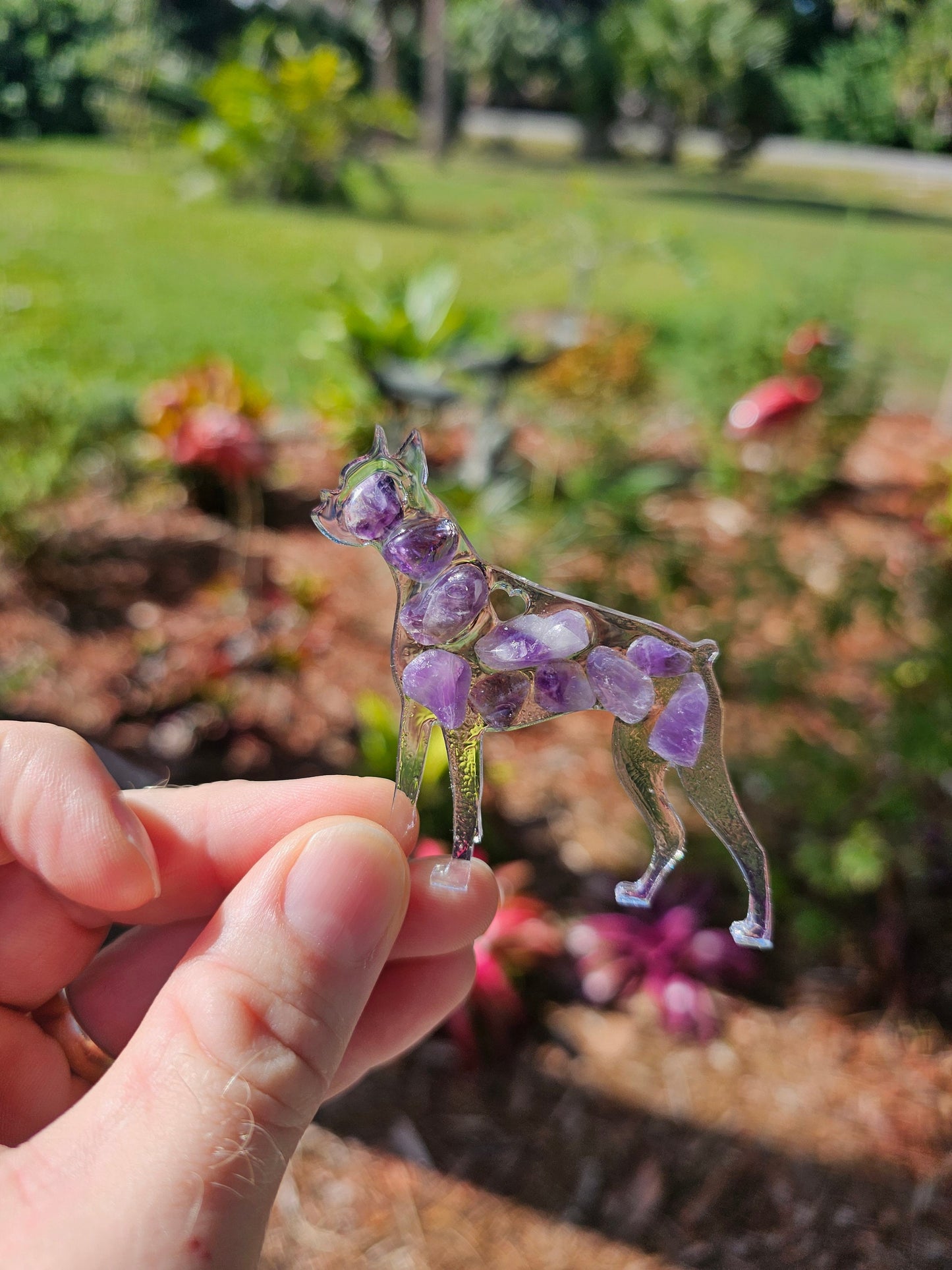 Boxer Dog Epoxy Resin Ornament with Natural Gemstones