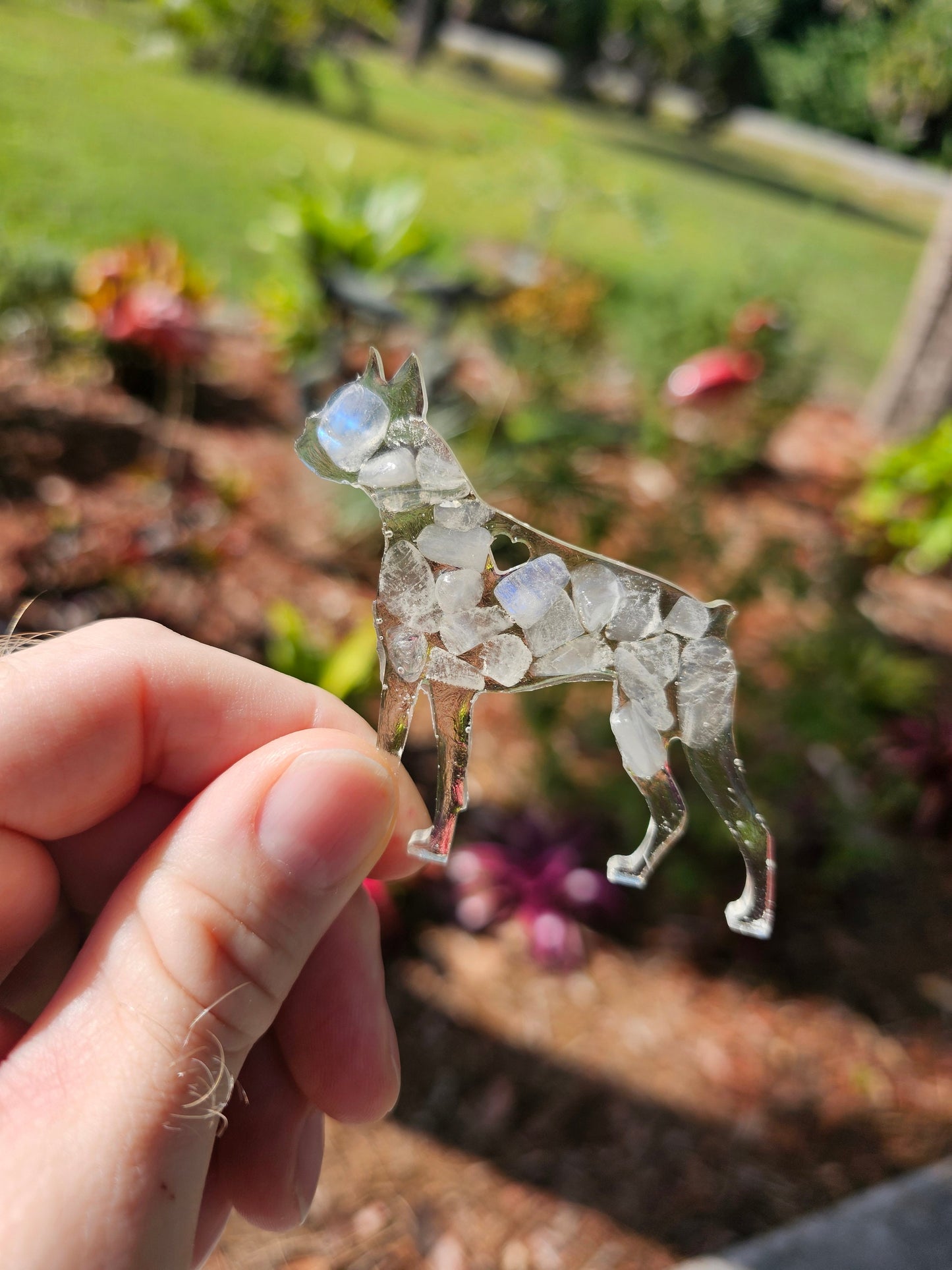 Boxer Dog Epoxy Resin Ornament with Natural Gemstones