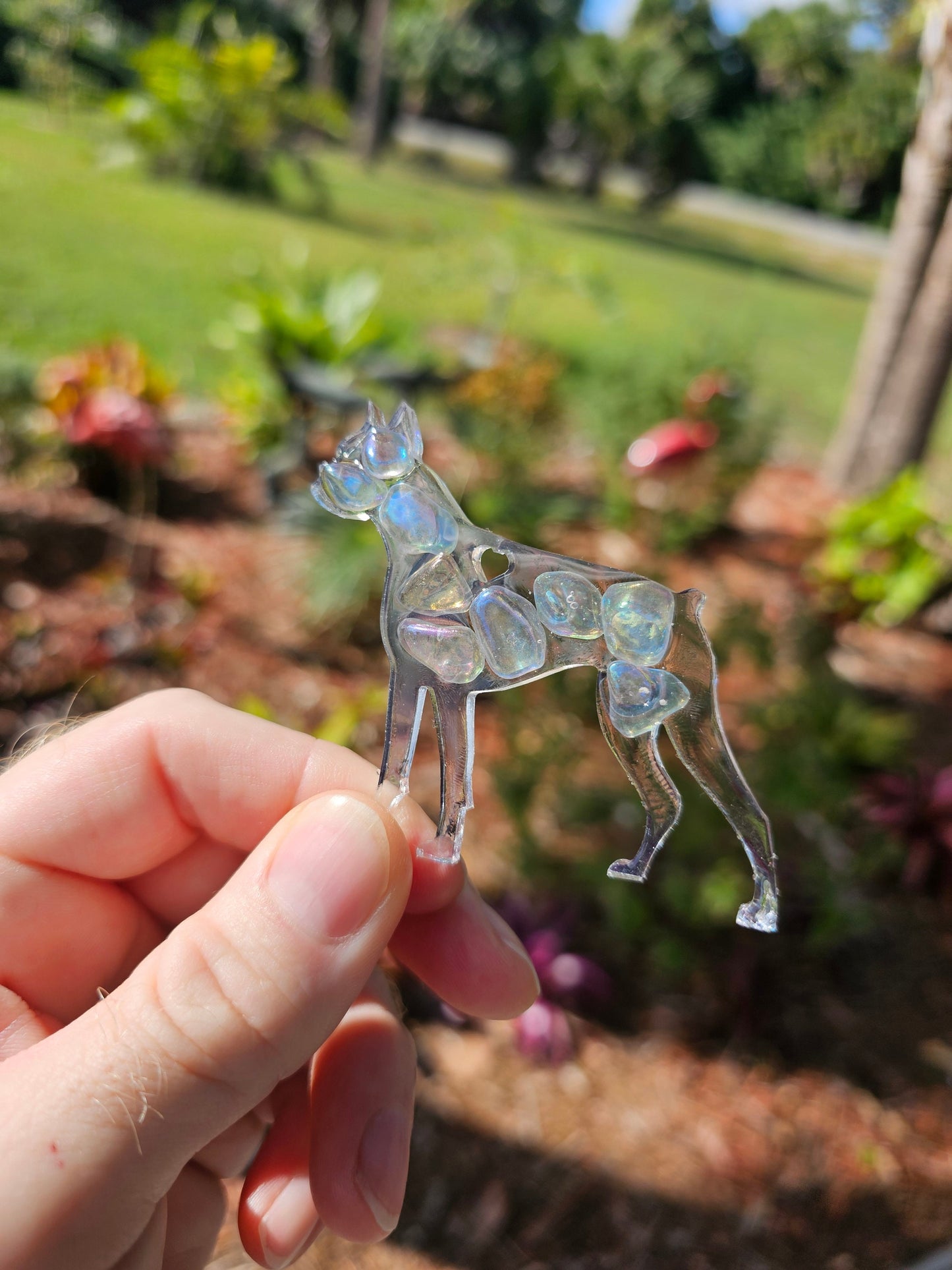 Boxer Dog Epoxy Resin Ornament with Natural Gemstones