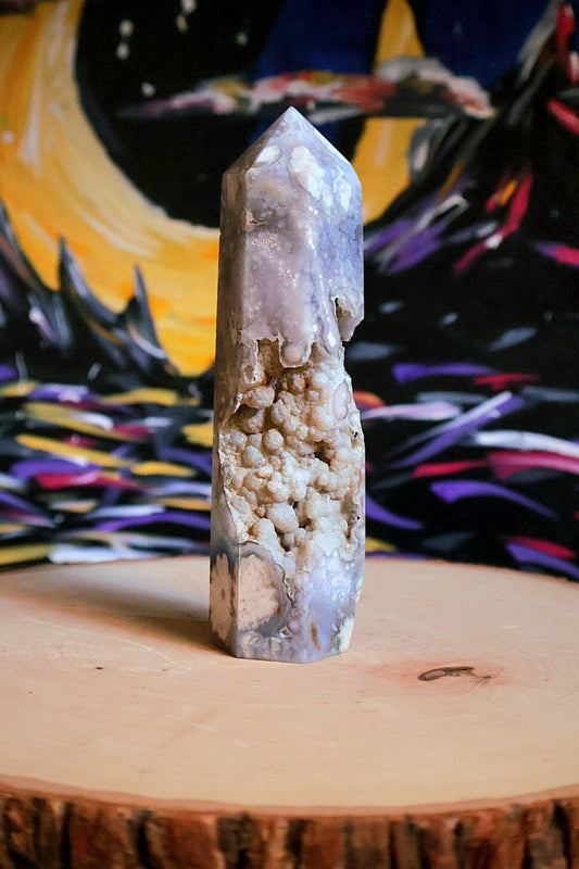 Black and Green Flower Agate tower with crystal caves 12.7 oz Natural Stone