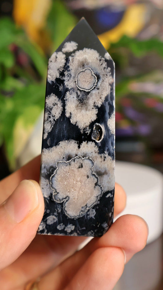 Black Flower Agate Tower 3.7 oz Natural Stone