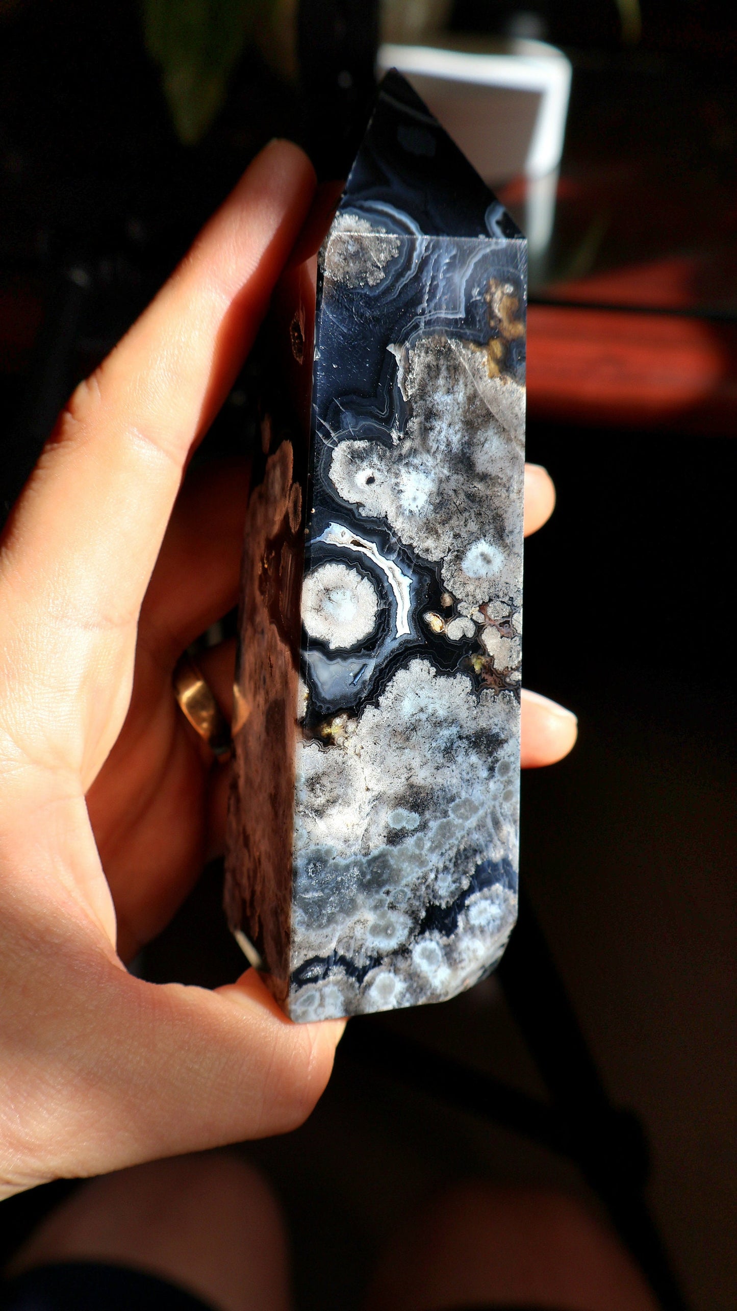 Black Flower Agate Tower with Druzy 11.7 oz Natural Stone