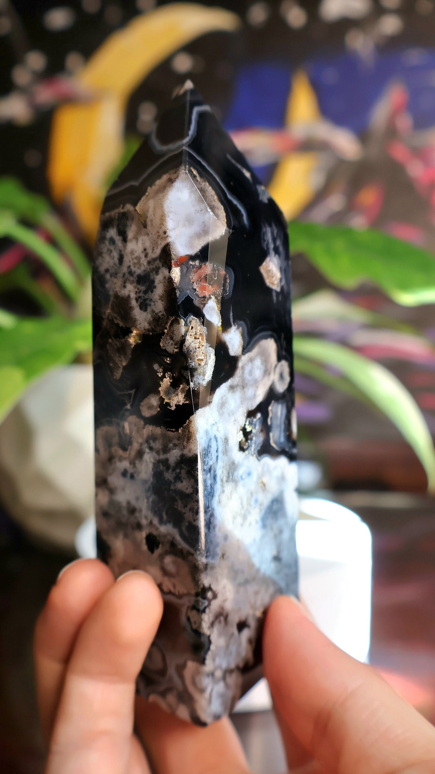 Black Flower Agate Tower with Druzy 11.7 oz Natural Stone