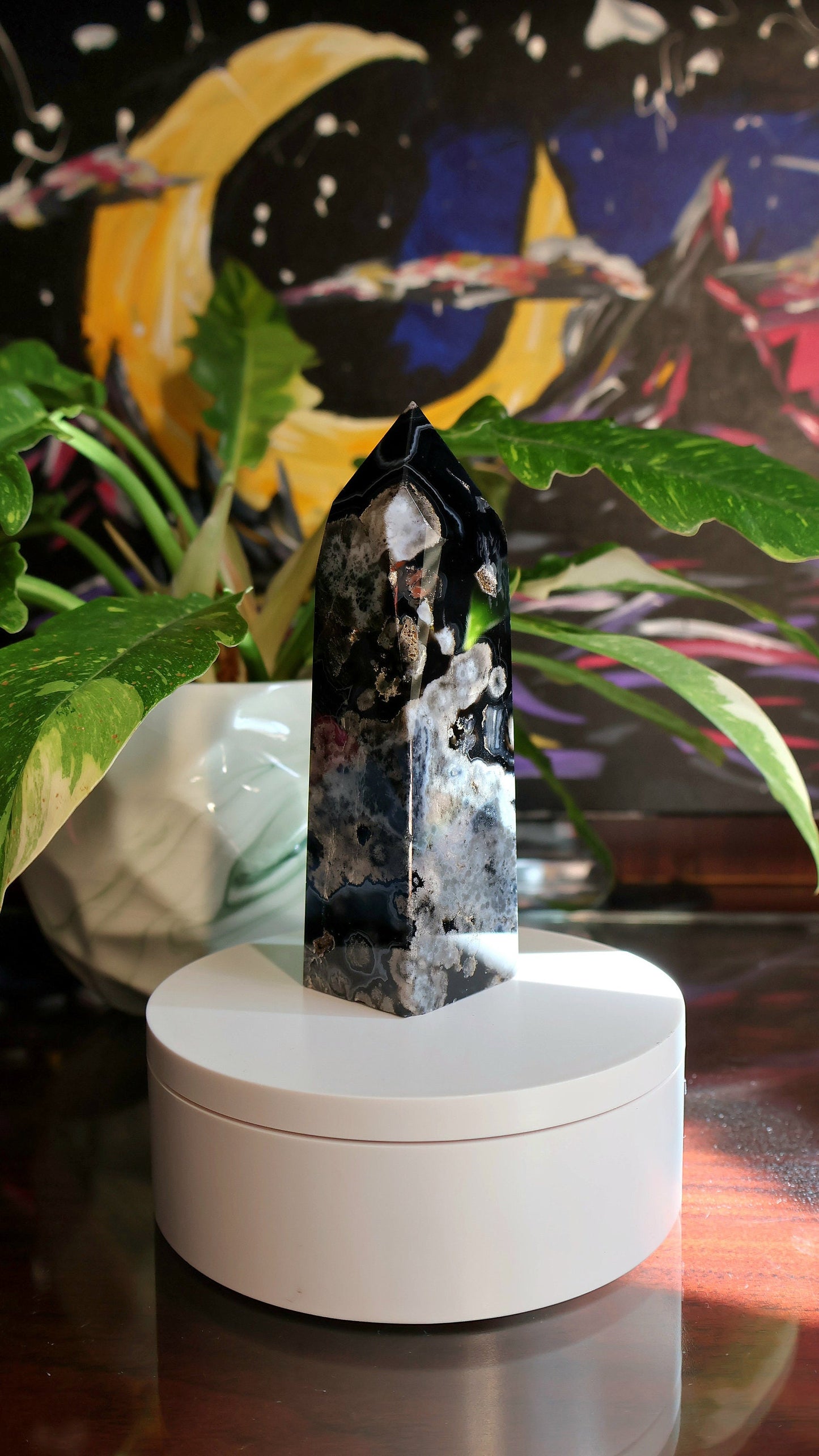 Black Flower Agate Tower with Druzy 11.7 oz Natural Stone