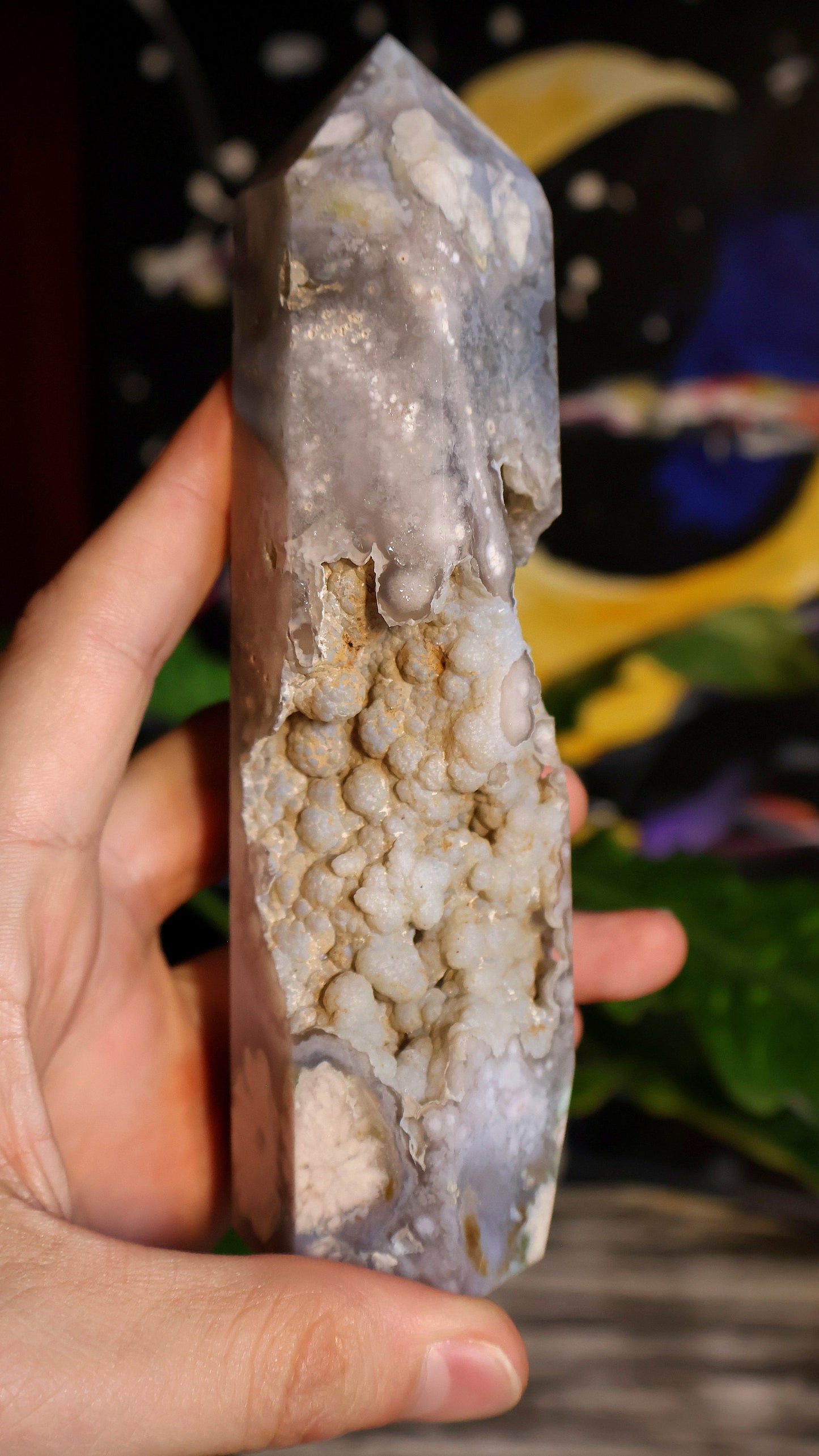 Black and Green Flower Agate tower with crystal caves 12.7 oz Natural Stone