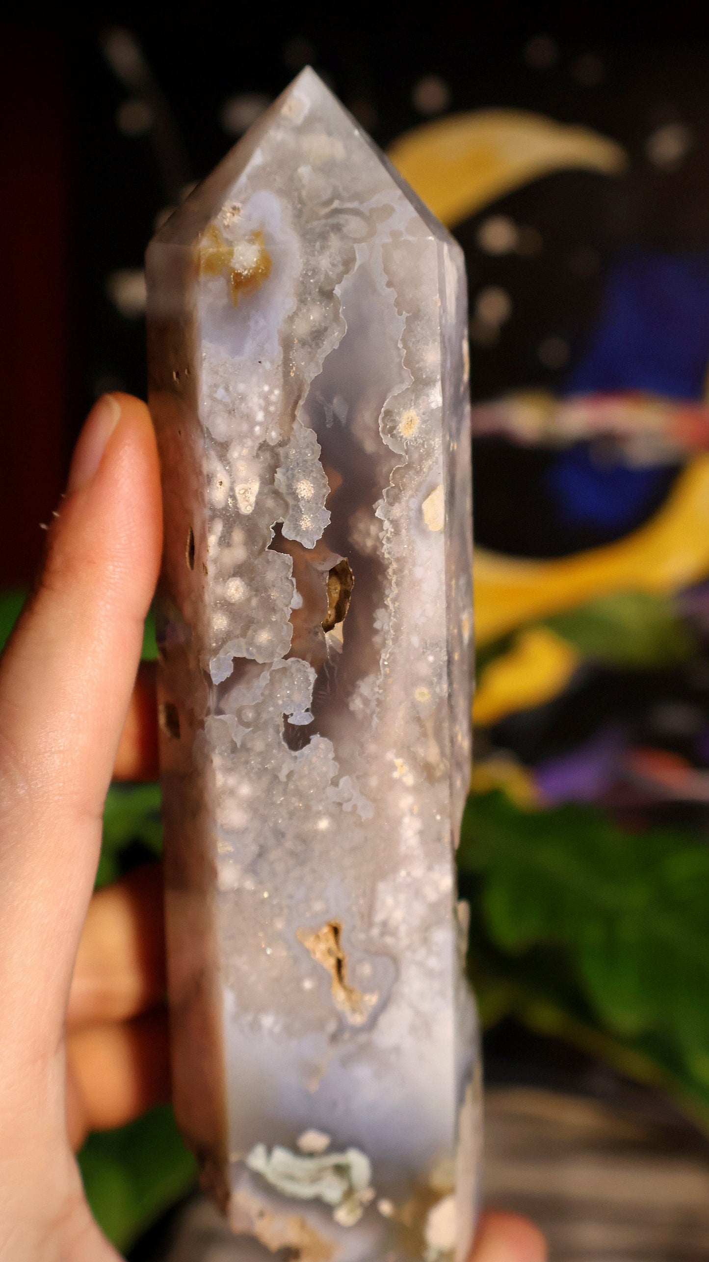 Black and Green Flower Agate tower with crystal caves 12.7 oz Natural Stone