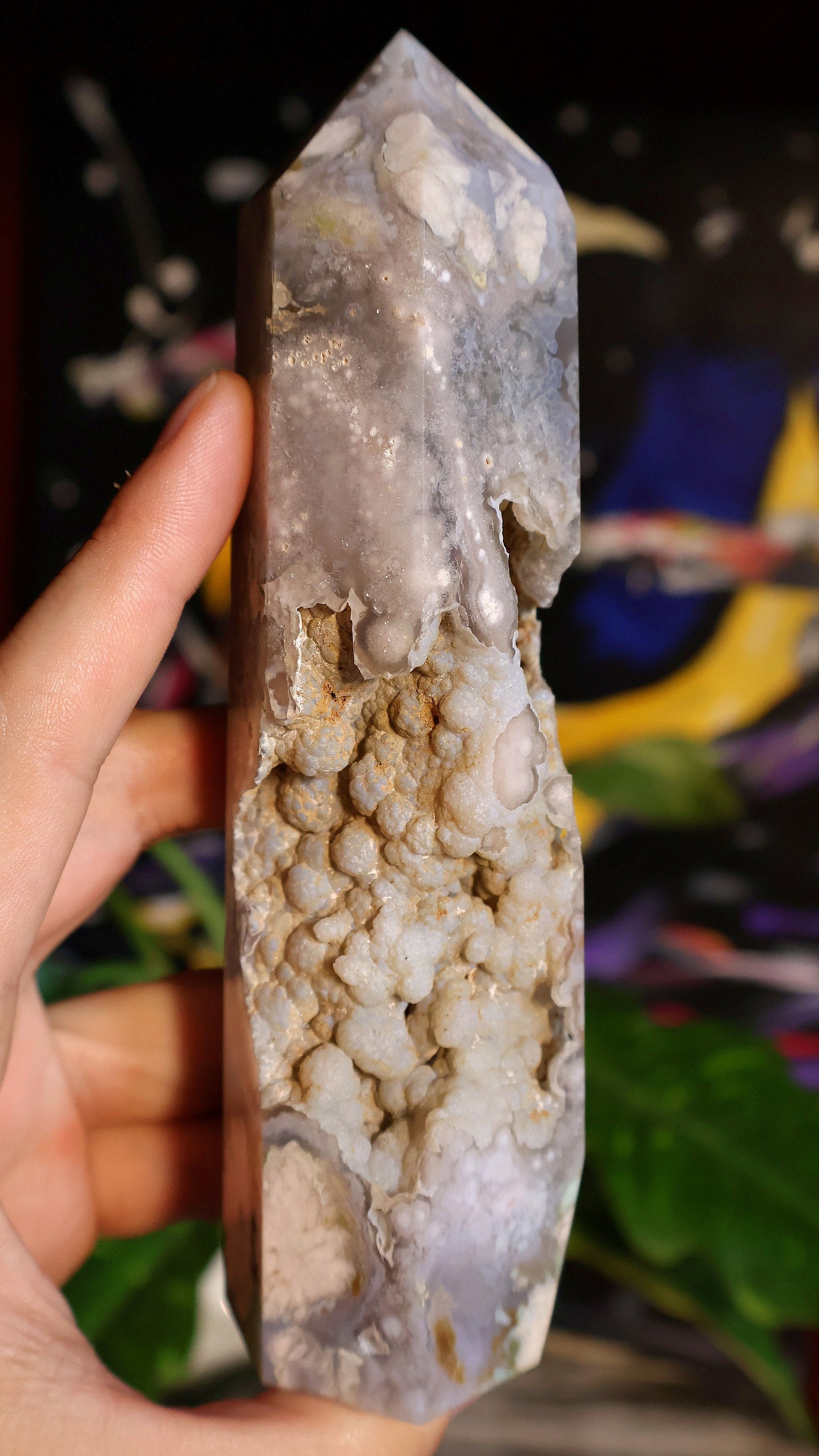 Black and Green Flower Agate tower with crystal caves 12.7 oz Natural Stone