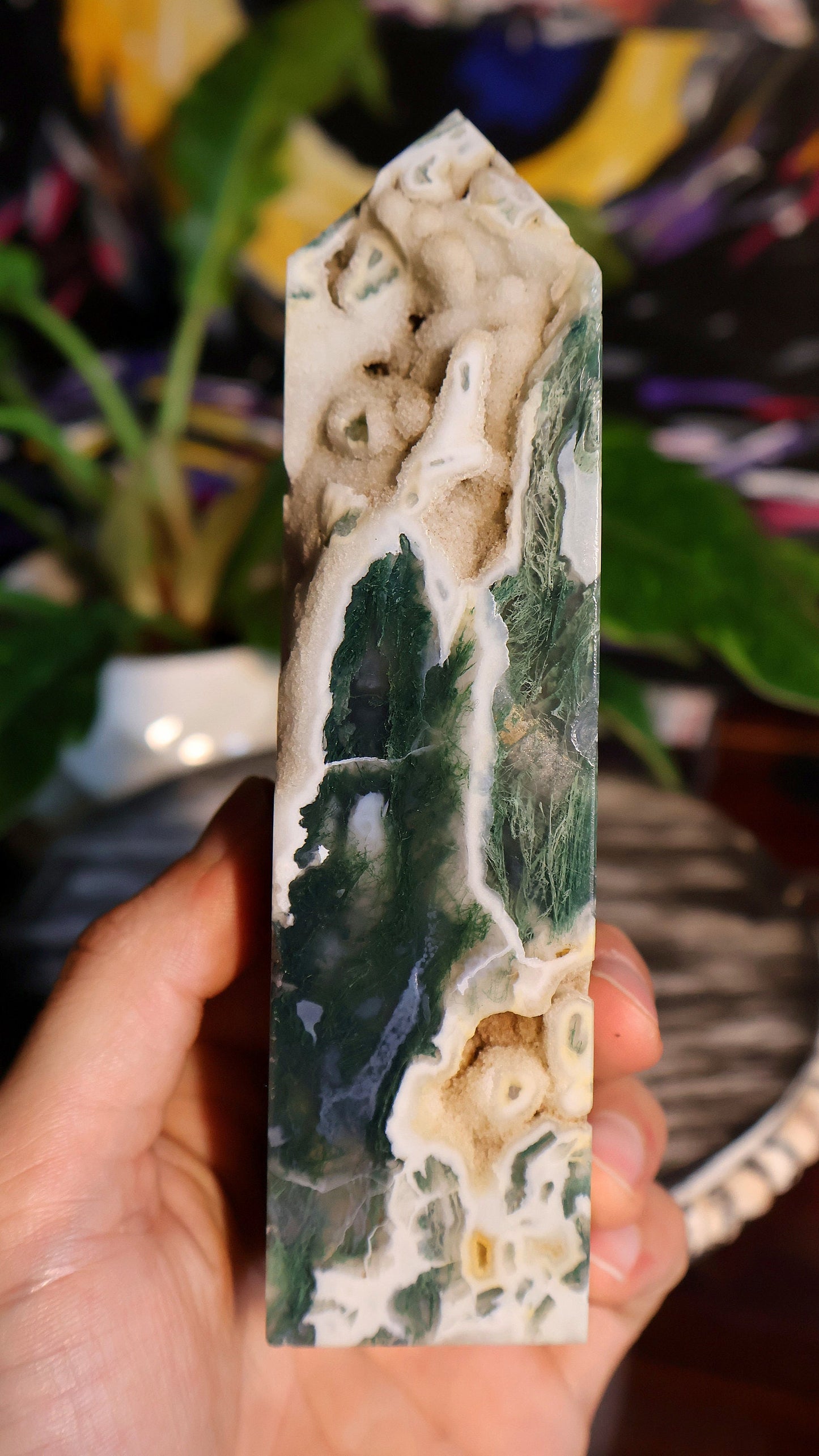 Moss Agate Druzy Crystal Tower 14.6 oz Natural Stone