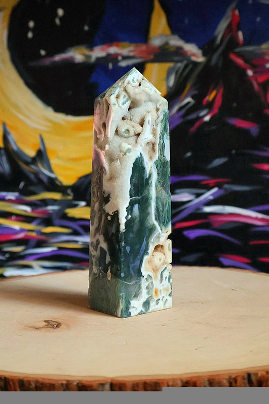 Moss Agate Druzy Crystal Tower 14.6 oz Natural Stone