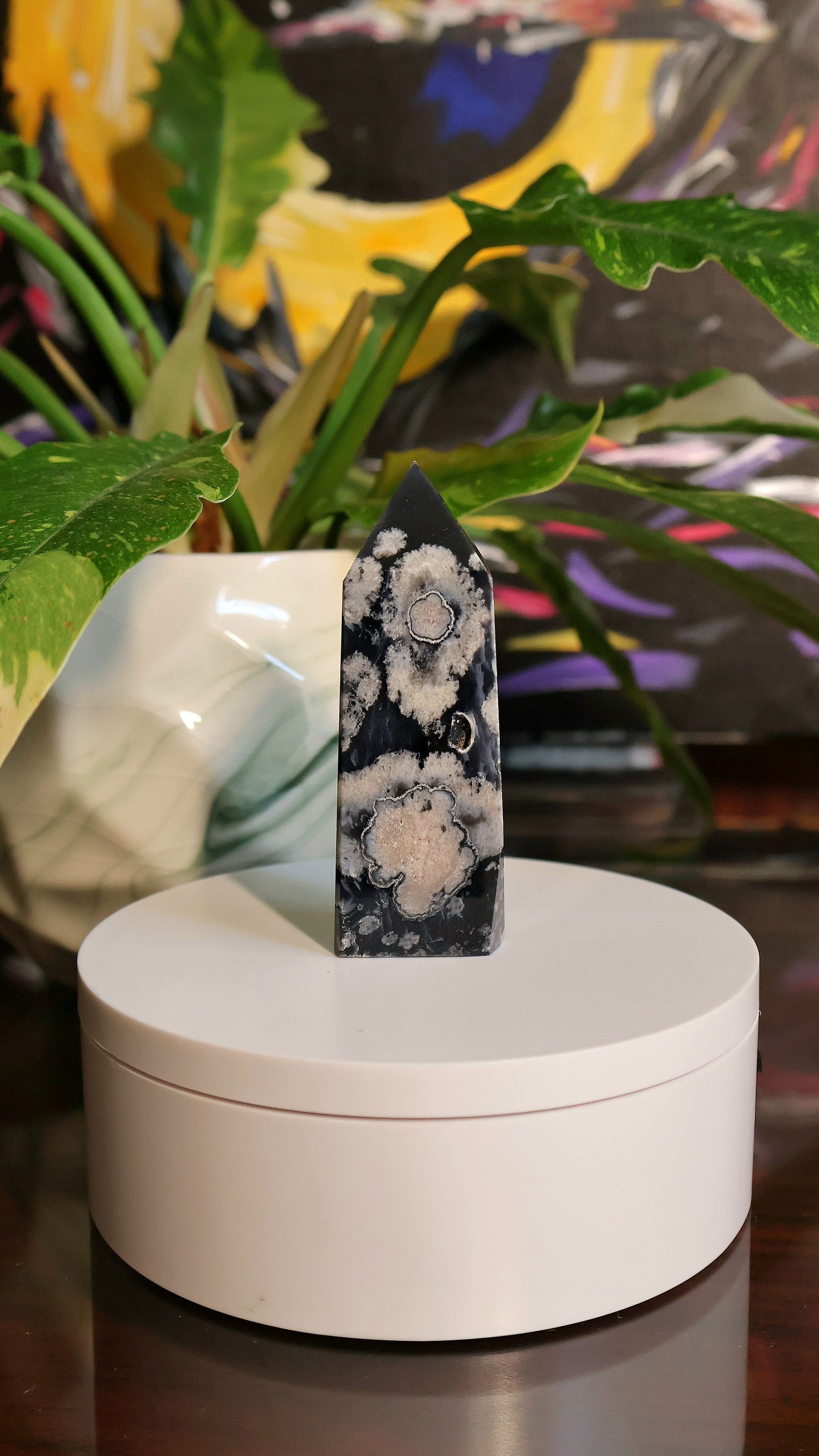 Black Flower Agate Tower 3.7 oz Natural Stone