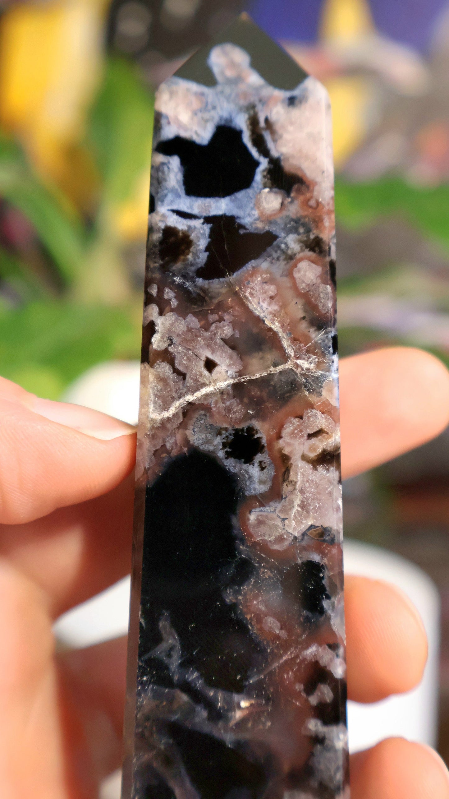 Black Flower Agate Tower 5.1 oz Natural Stone