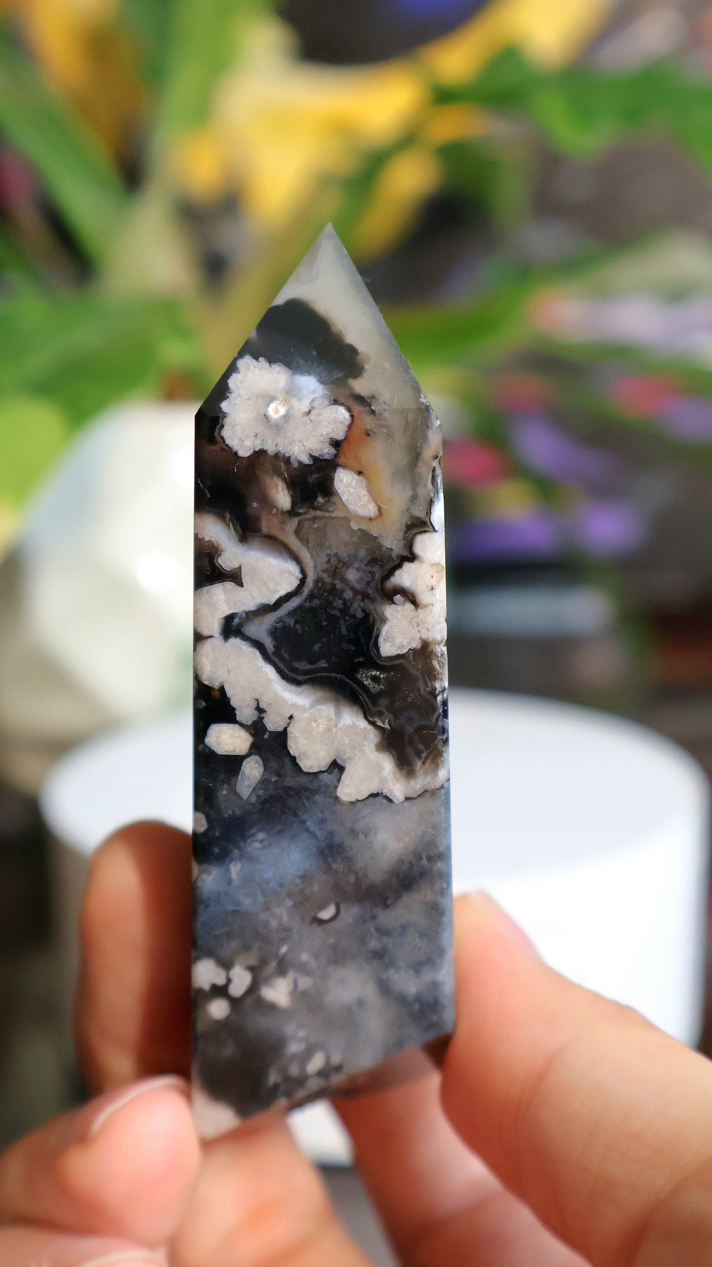 Black Flower Agate Tower 3.5 oz Natural Stone