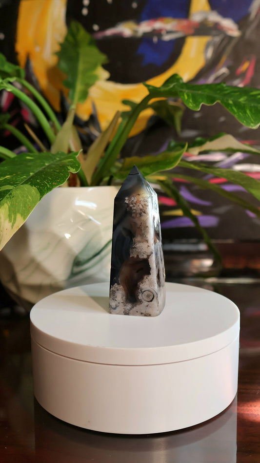 Black Flower Agate Tower 4.3 oz Natural Stone