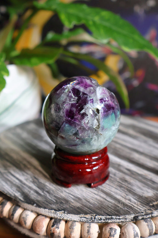 Gorgeous Feather Rainbow Fluorite Sphere 9 oz Natural Stone