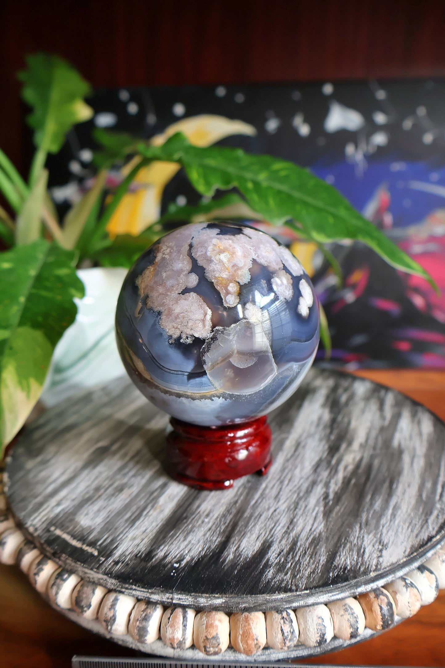 Black Flower Agate Crystal Sphere 19.5 oz Natural Stone