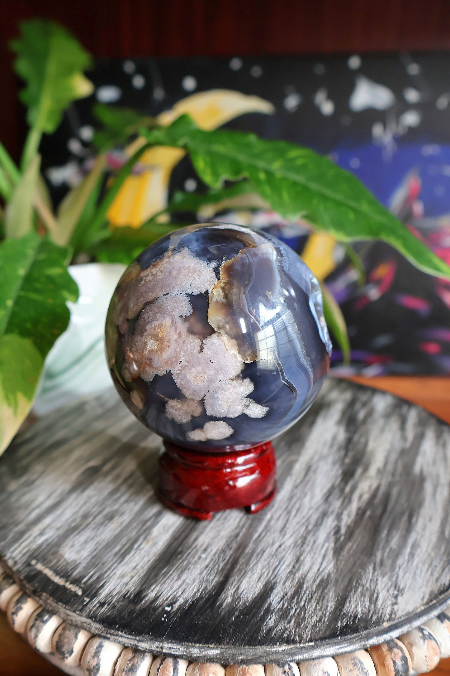 Black Flower Agate Crystal Sphere 19.5 oz Natural Stone